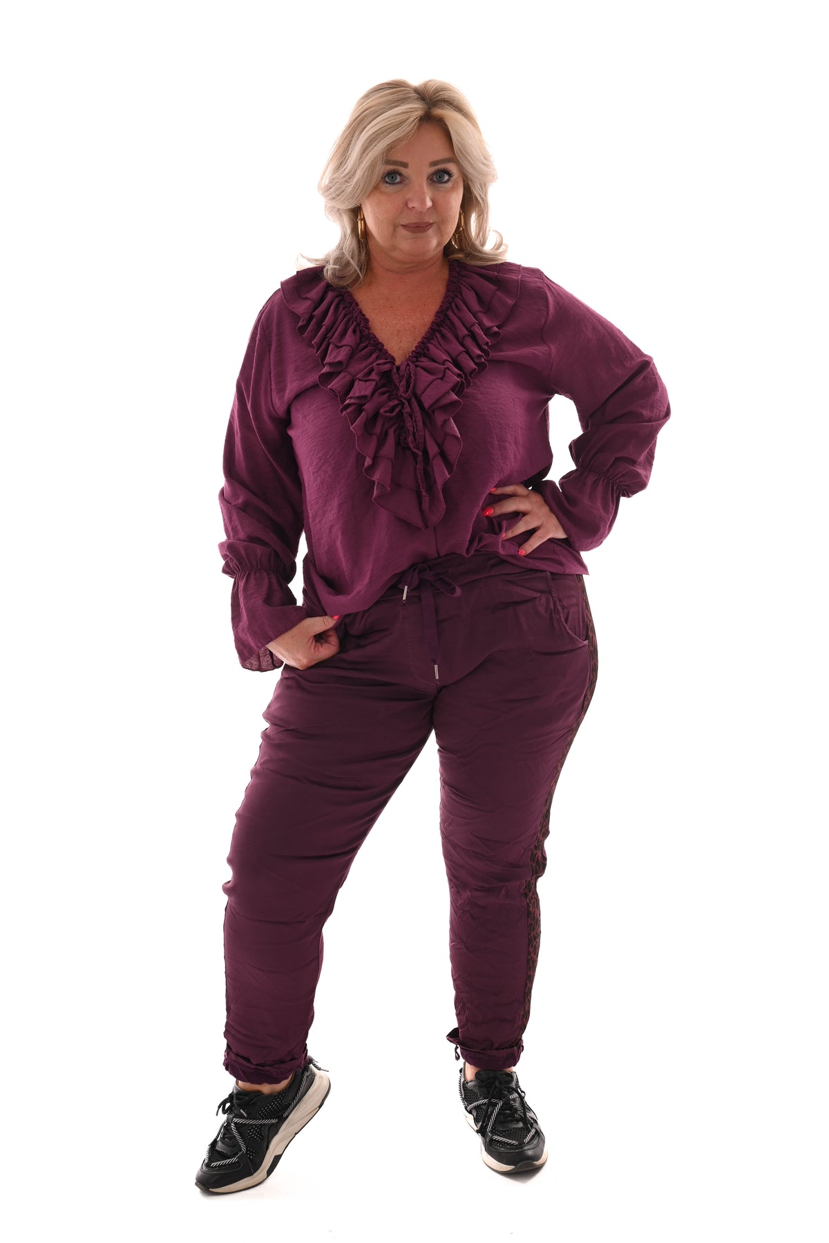Silky stretchbroek panterbies paars