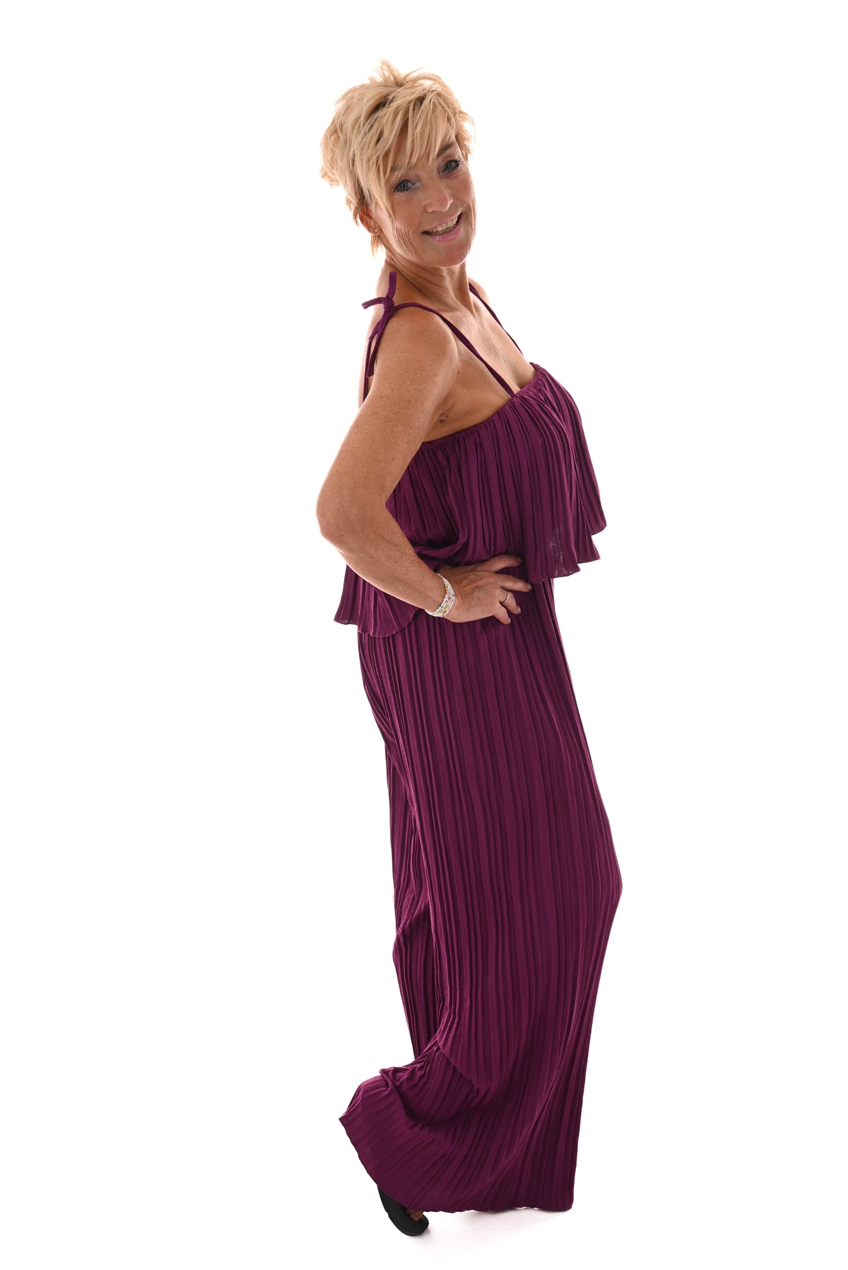 Jumpsuit mouwloos plisse magenta