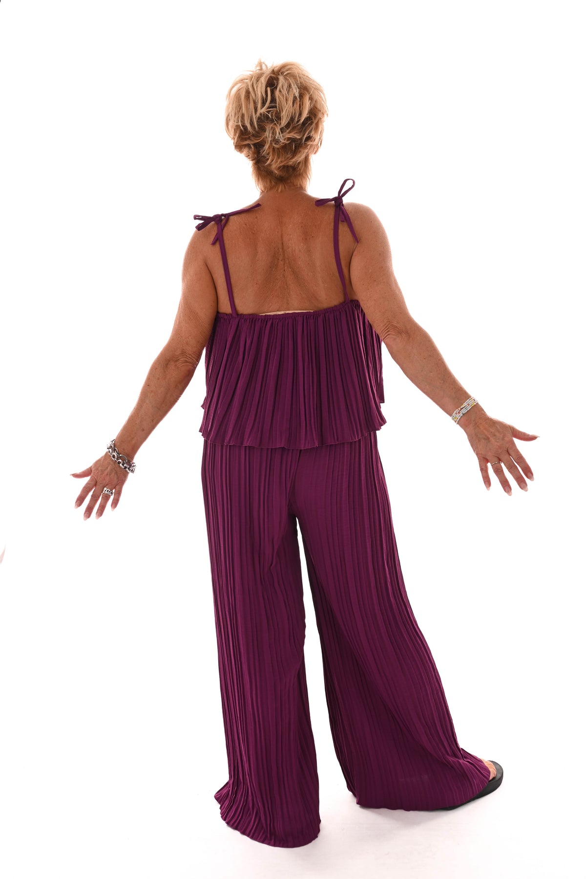 Jumpsuit mouwloos plisse magenta