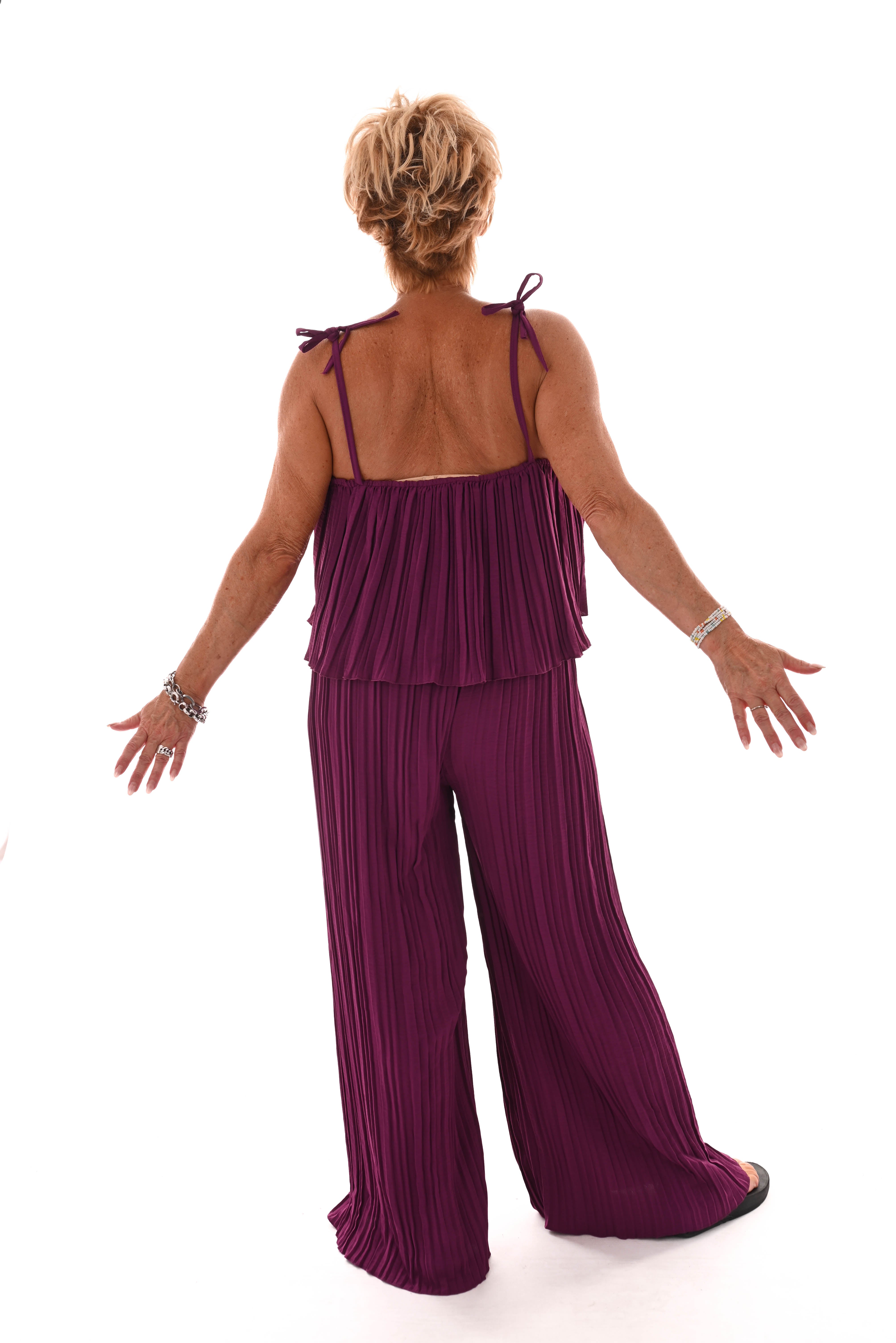 Jumpsuit mouwloos plisse magenta