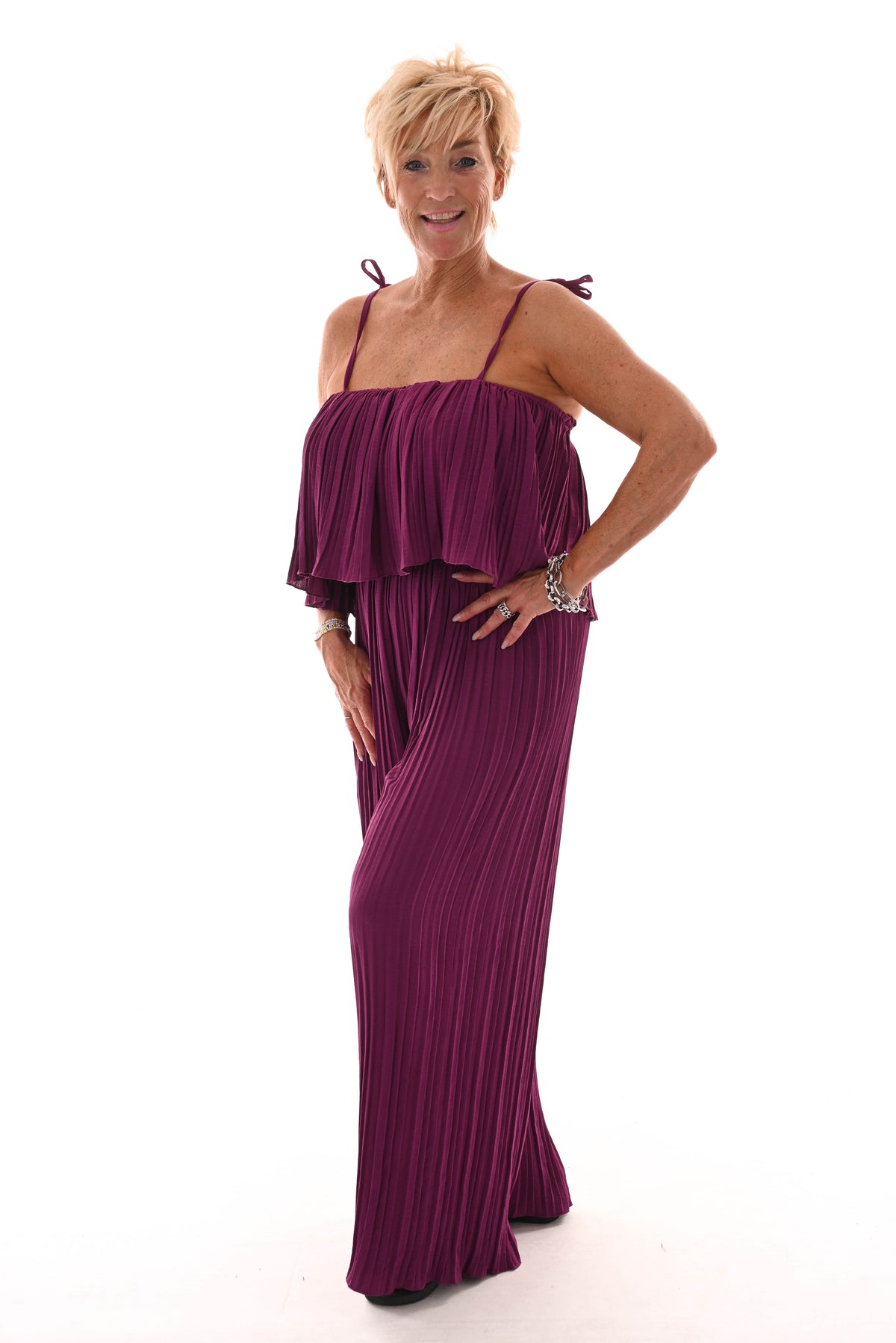 Jumpsuit mouwloos plisse magenta