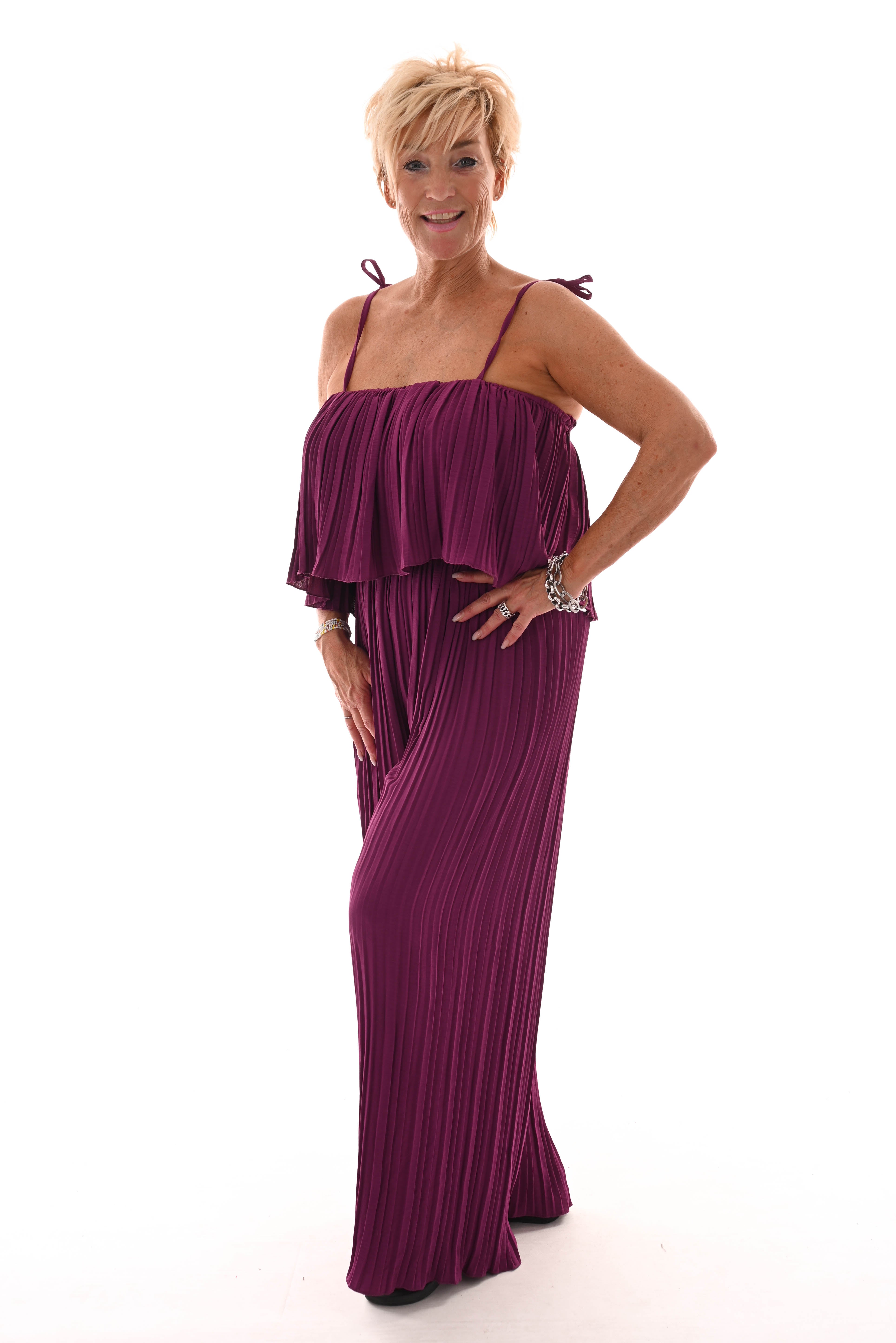 Jumpsuit mouwloos plisse magenta