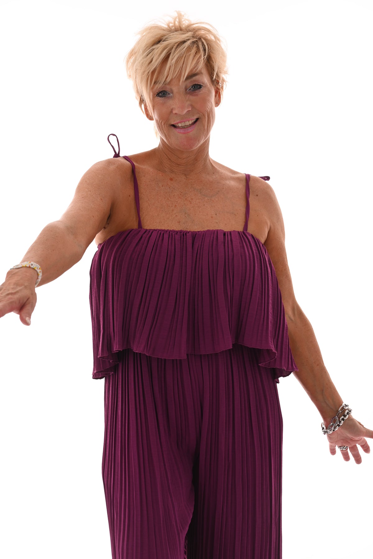 Jumpsuit mouwloos plisse magenta