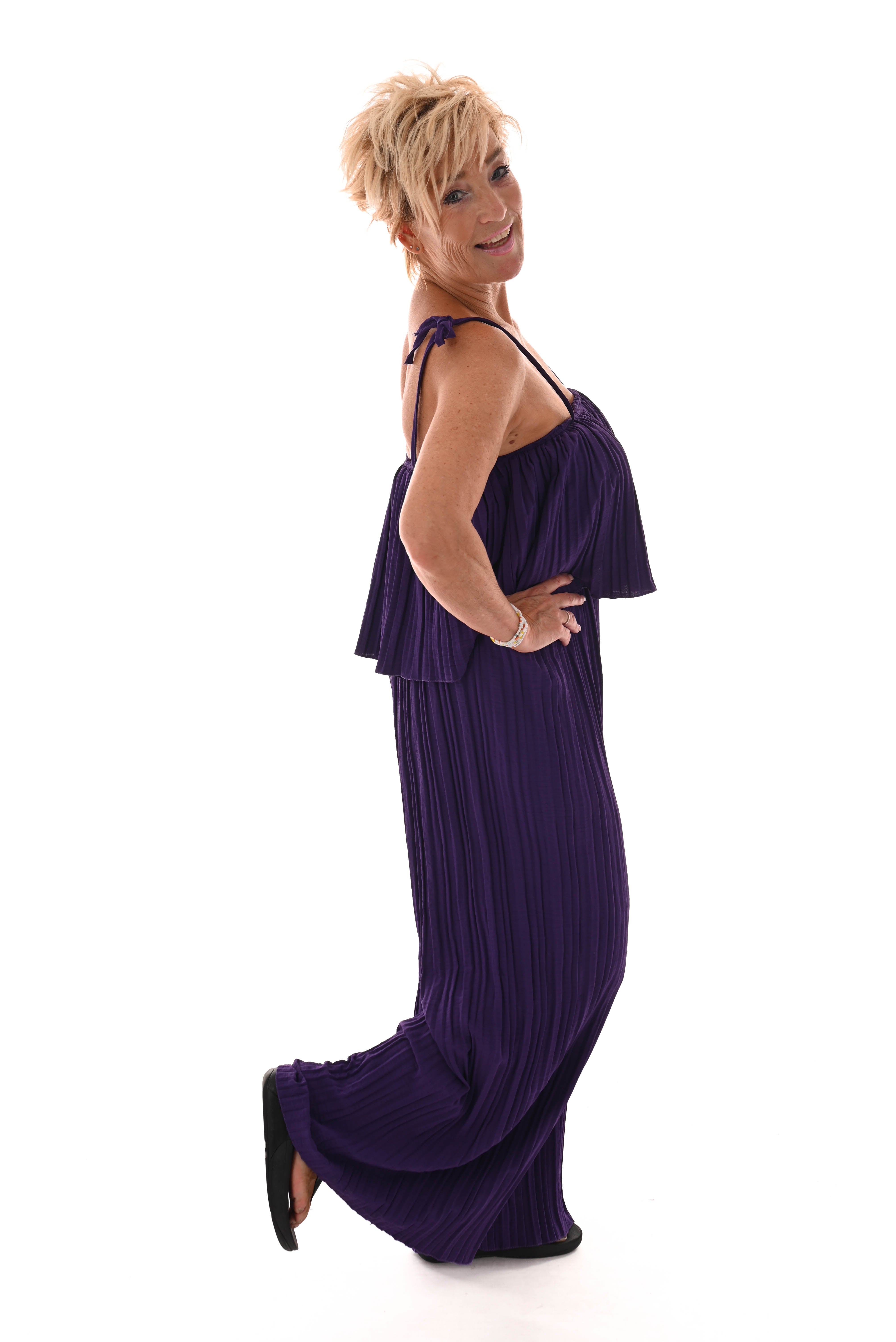 Jumpsuit mouwloos plisse paars