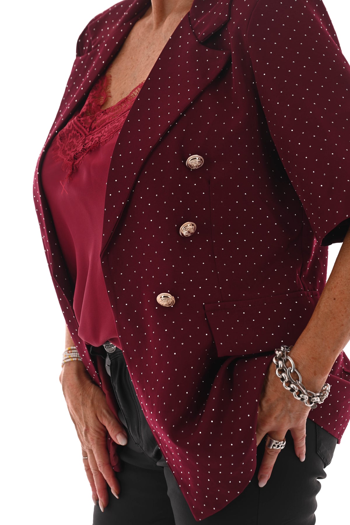 Blazer korte mouwen strass en knopen bordeaux