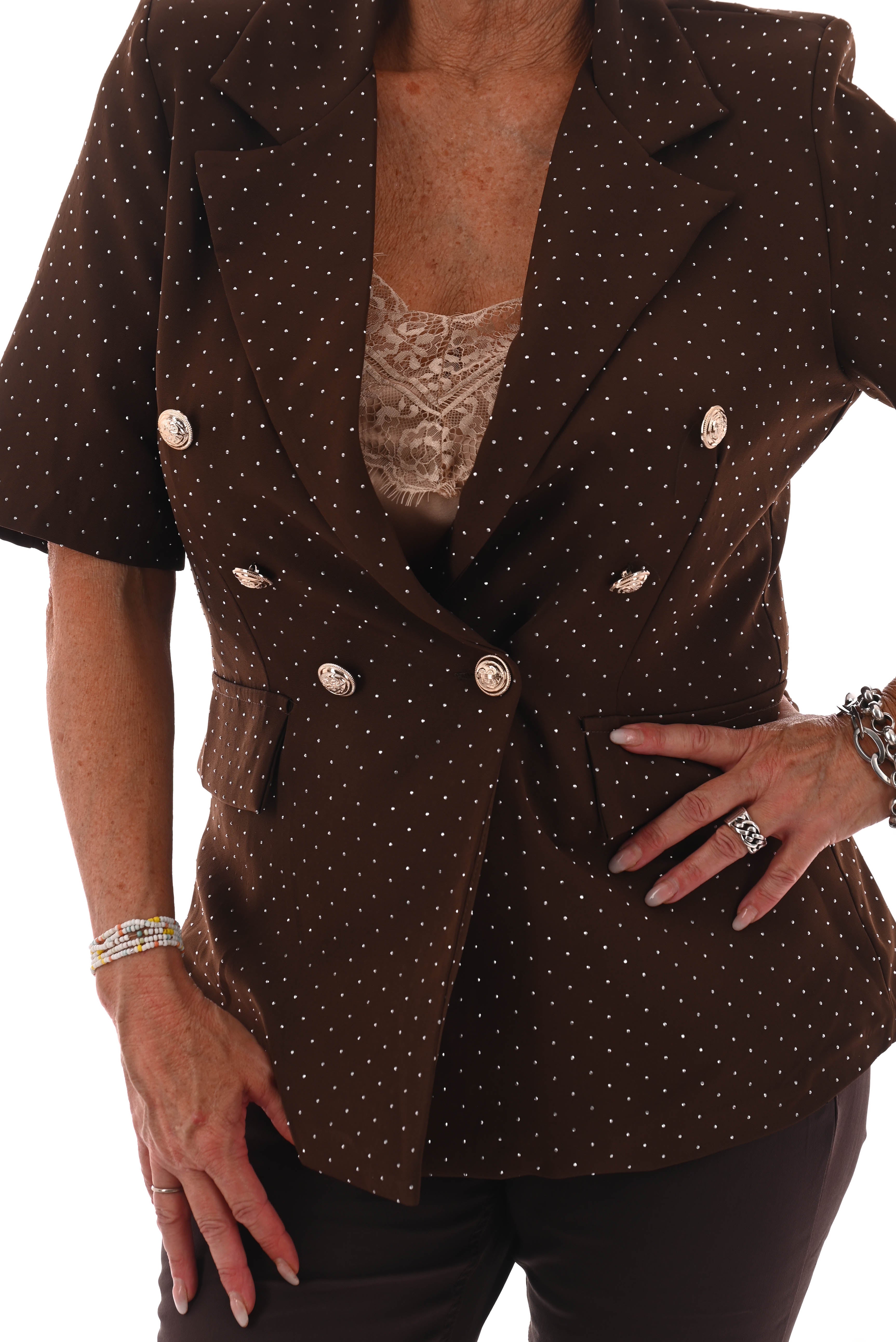 Blazer korte mouwen strass en knopen bruin