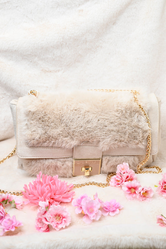 Schouder tas fake fur beige