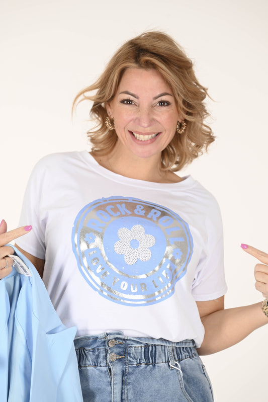 T-shirt met print rock&roll bloem blauw