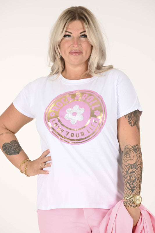 T-shirt met print rock&roll bloem roze