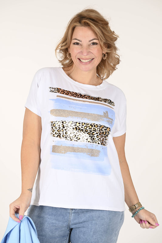 T-shirt met print gestreepte panter lichtblauw