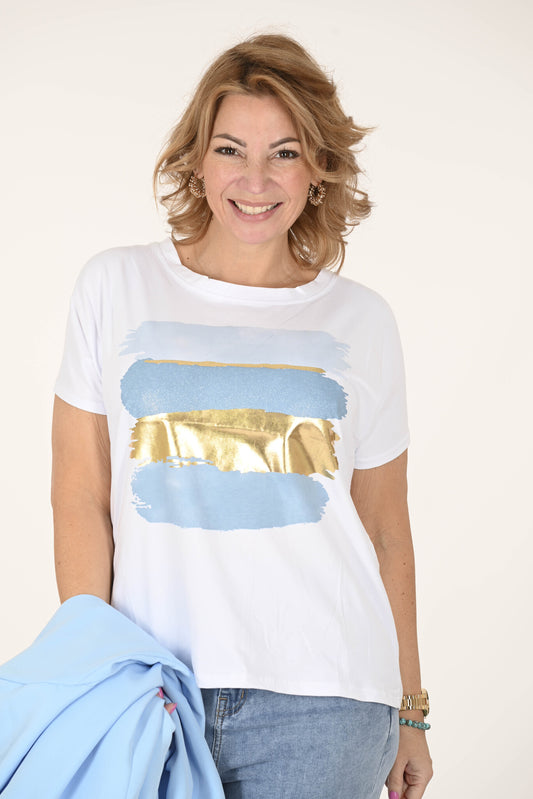 T-shirt met print strepen sparkle blauw/goud