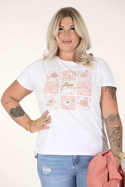 T-shirt met print vierkant bloemen love oud roze