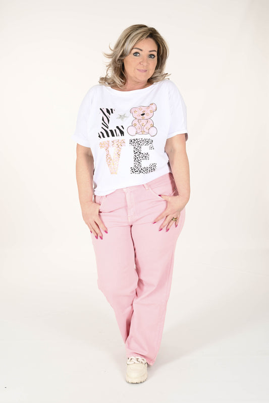 T-shirt korte mouwen teddybeer love roze
