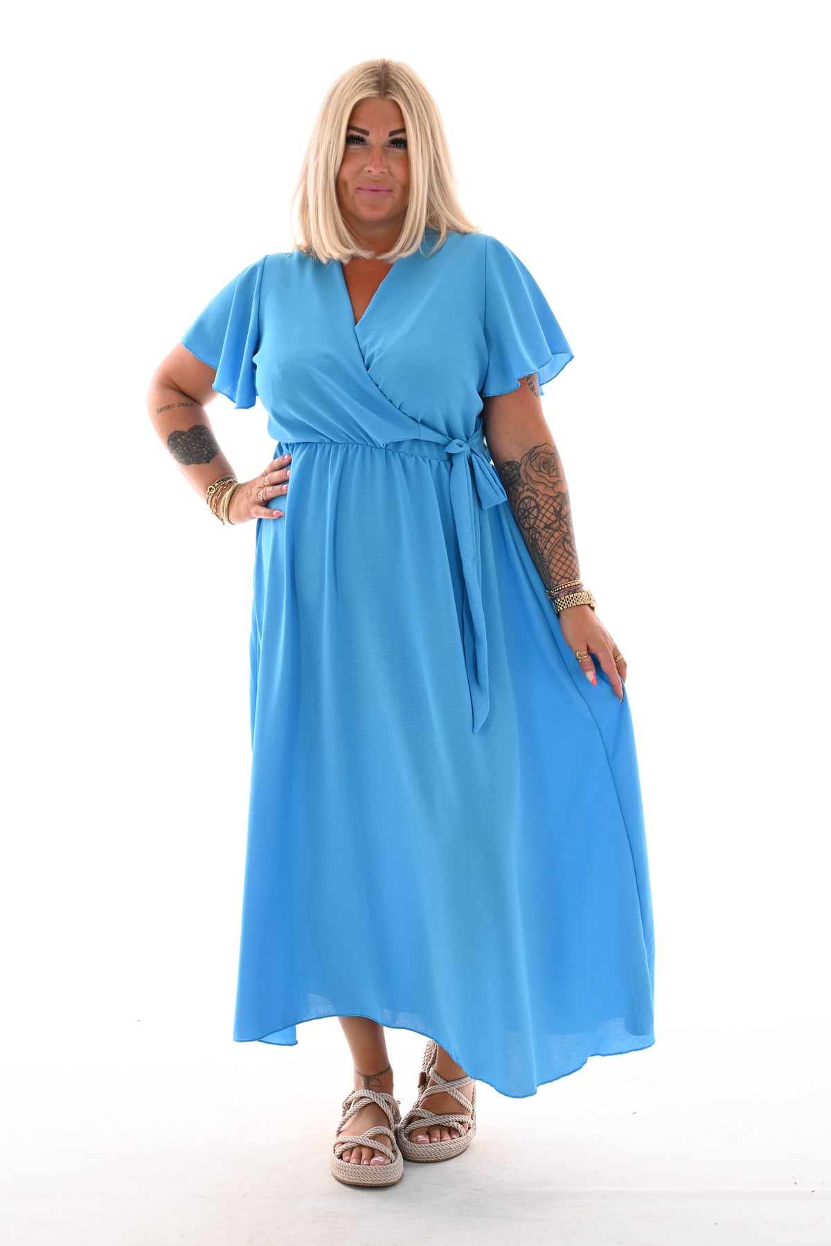 Maxi jurk met strik uni blauw