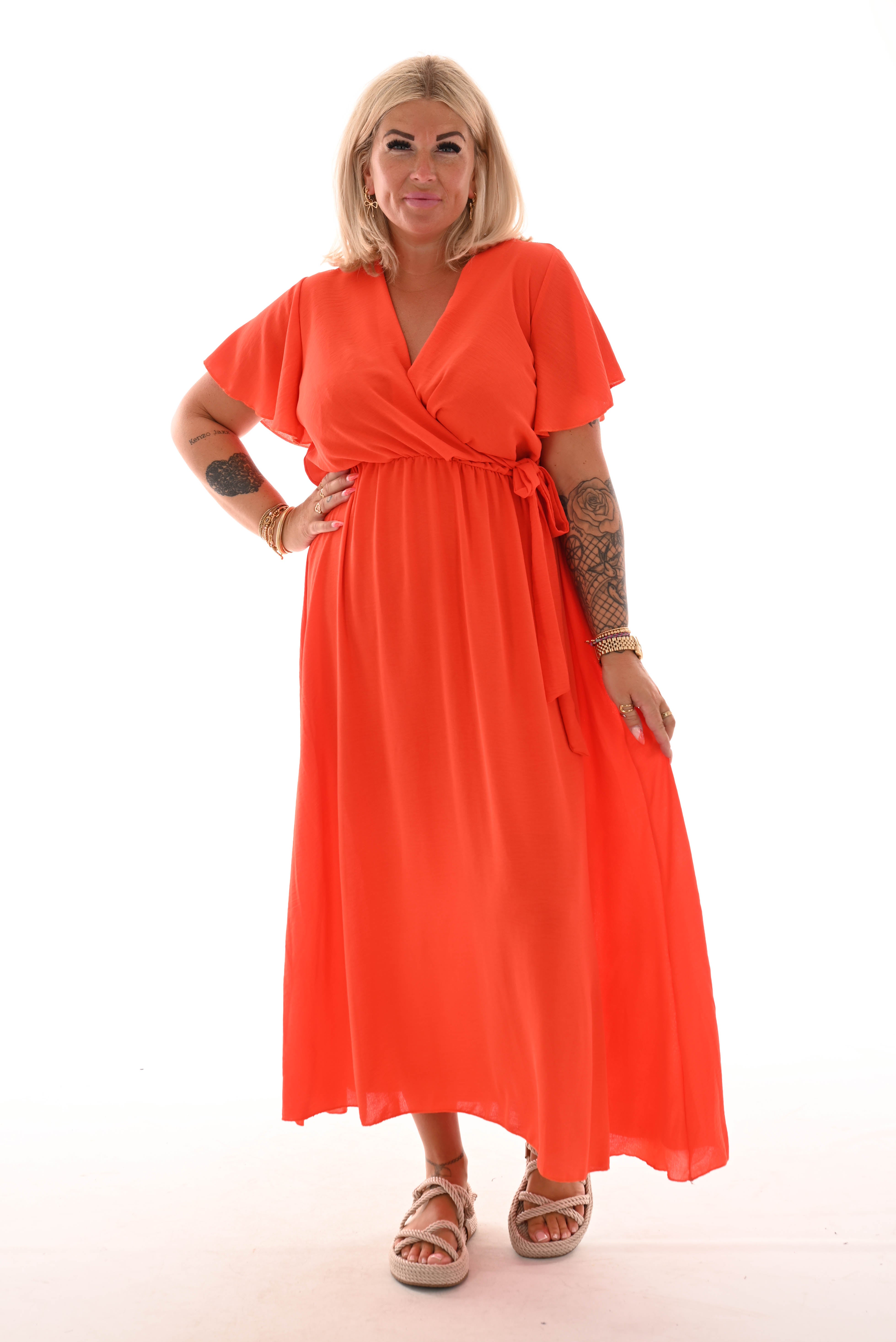 Maxi jurk met strik uni oranje-rood