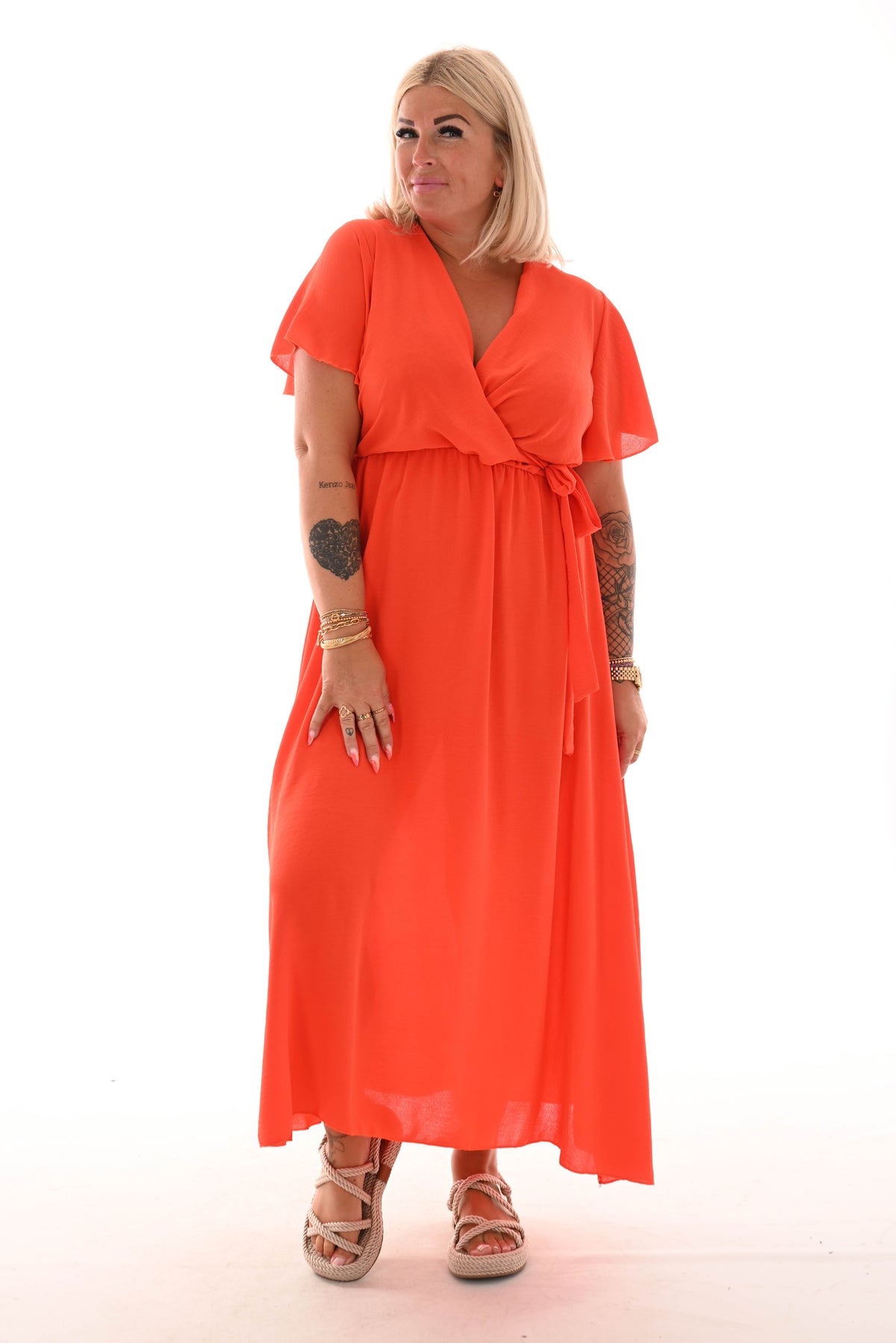 Maxi jurk met strik uni oranje-rood