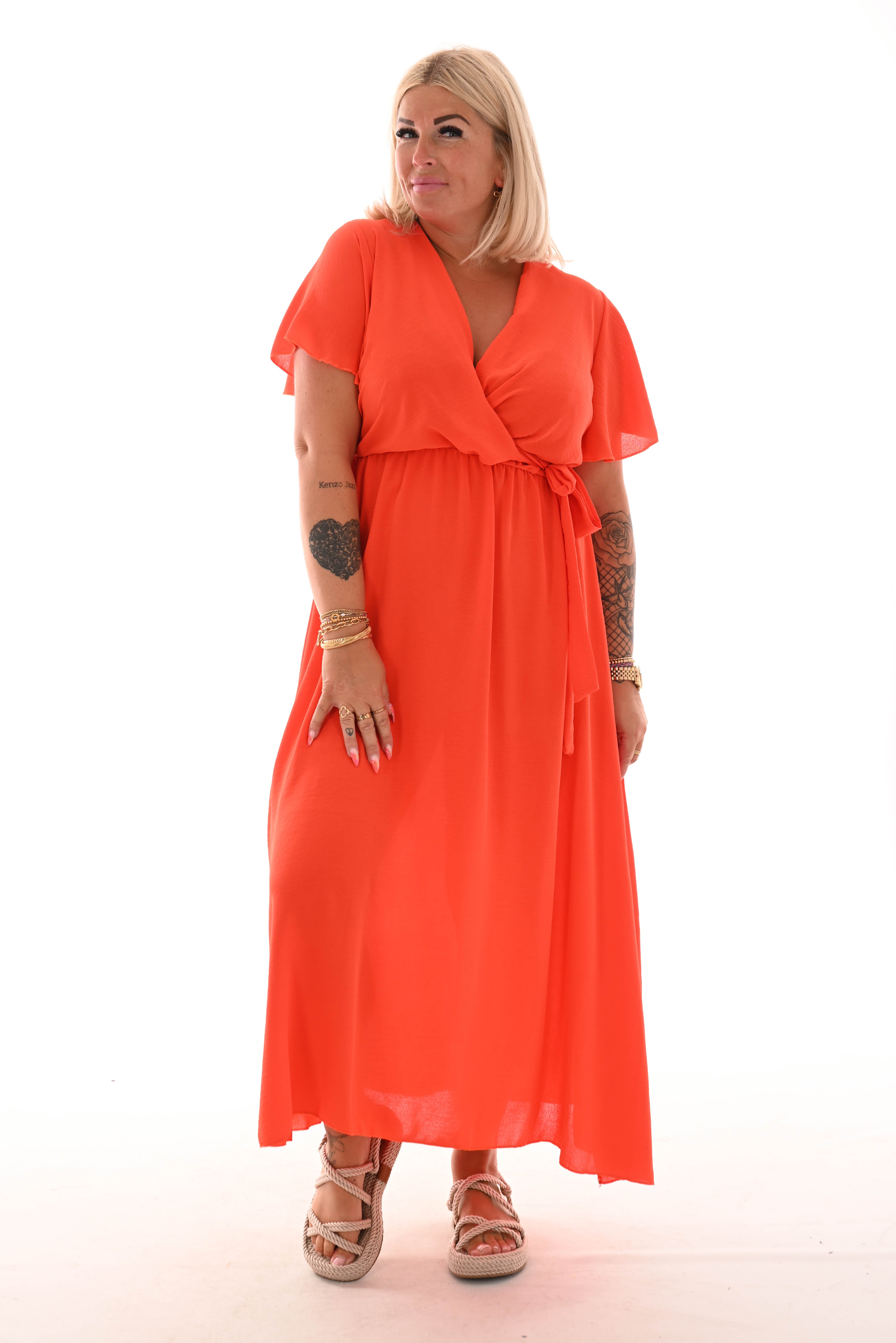 Maxi jurk met strik uni oranje-rood