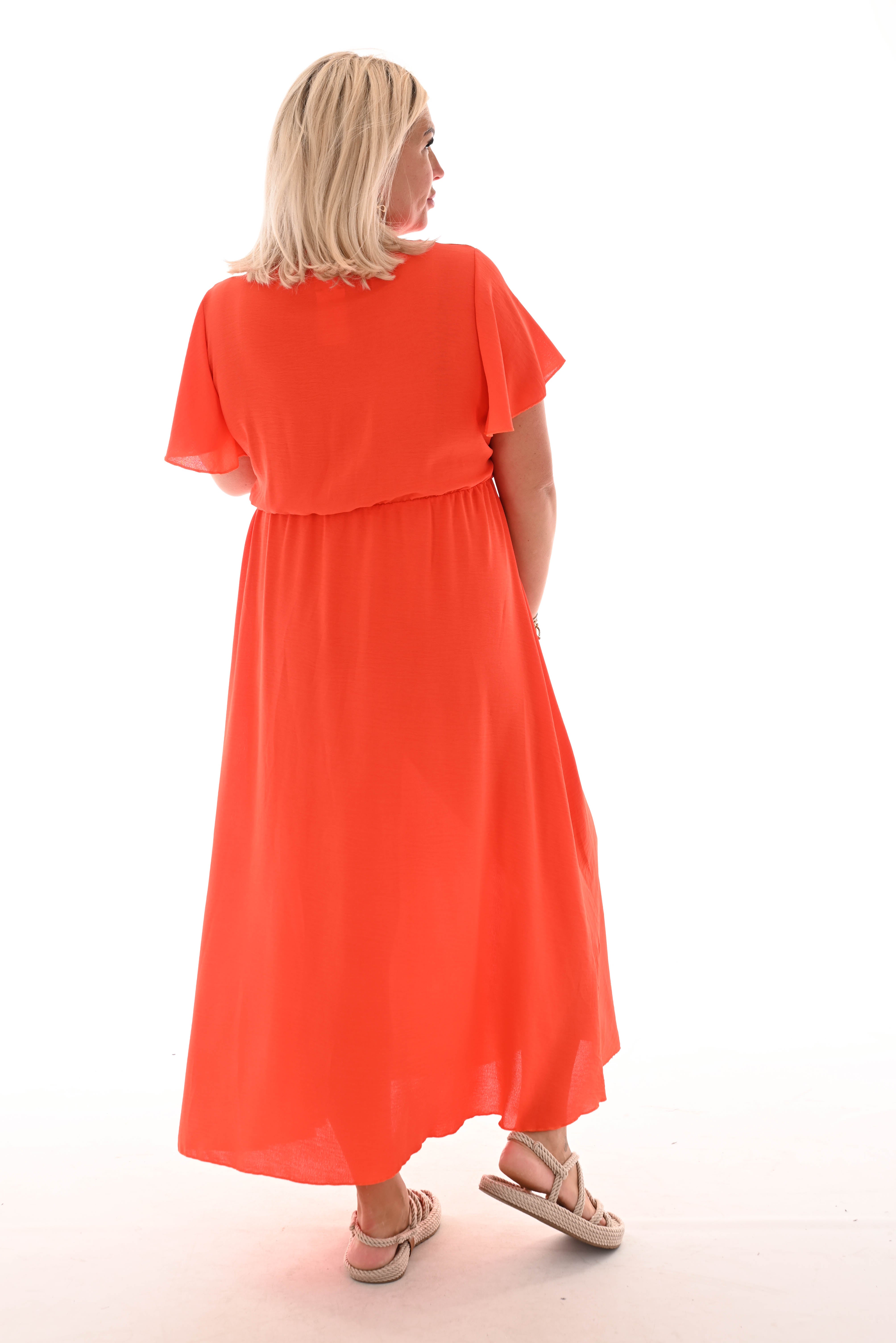 Maxi jurk met strik uni oranje-rood