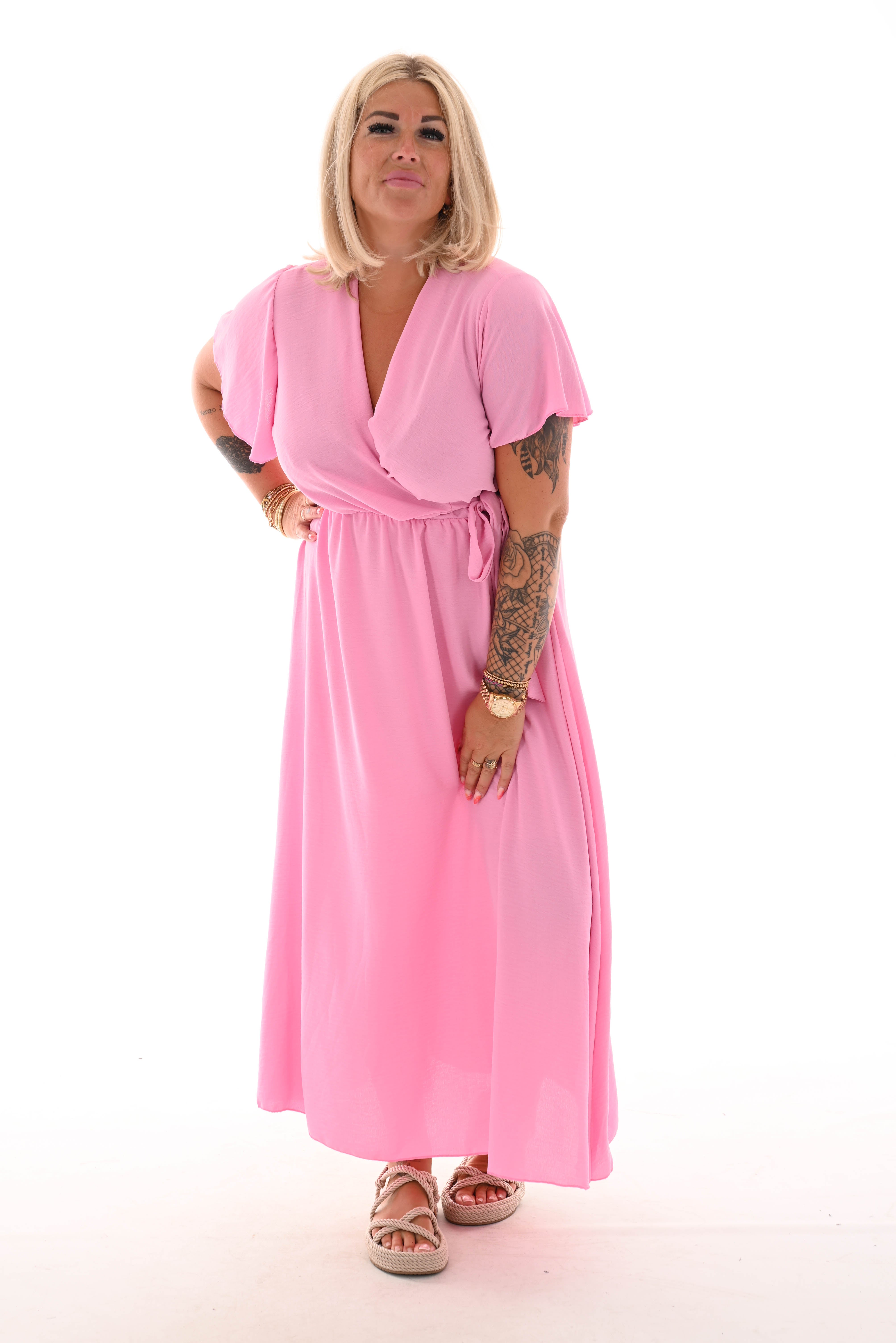 Maxi jurk met strik uni roze