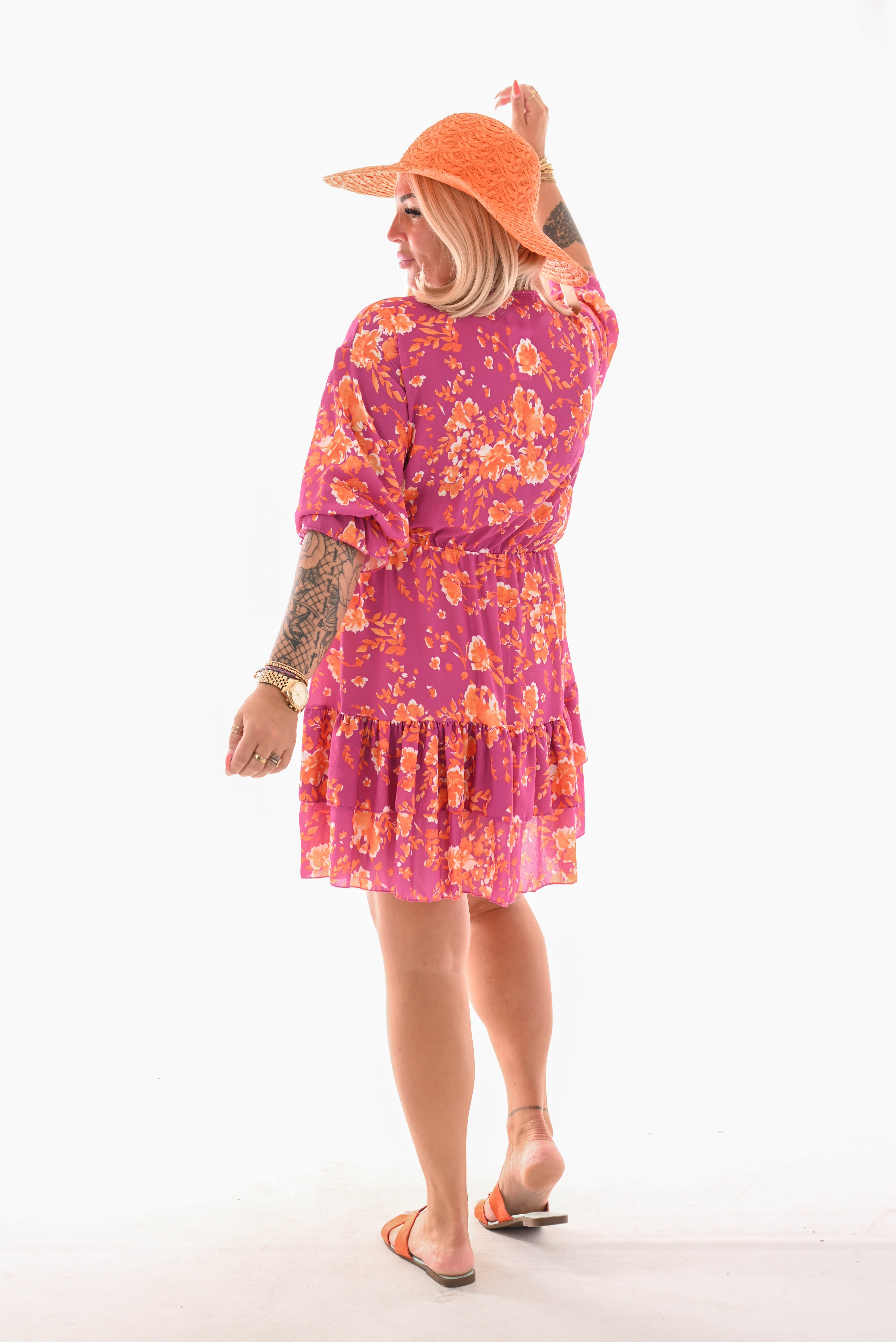 Korte jurk overslag roezels magenta/oranje