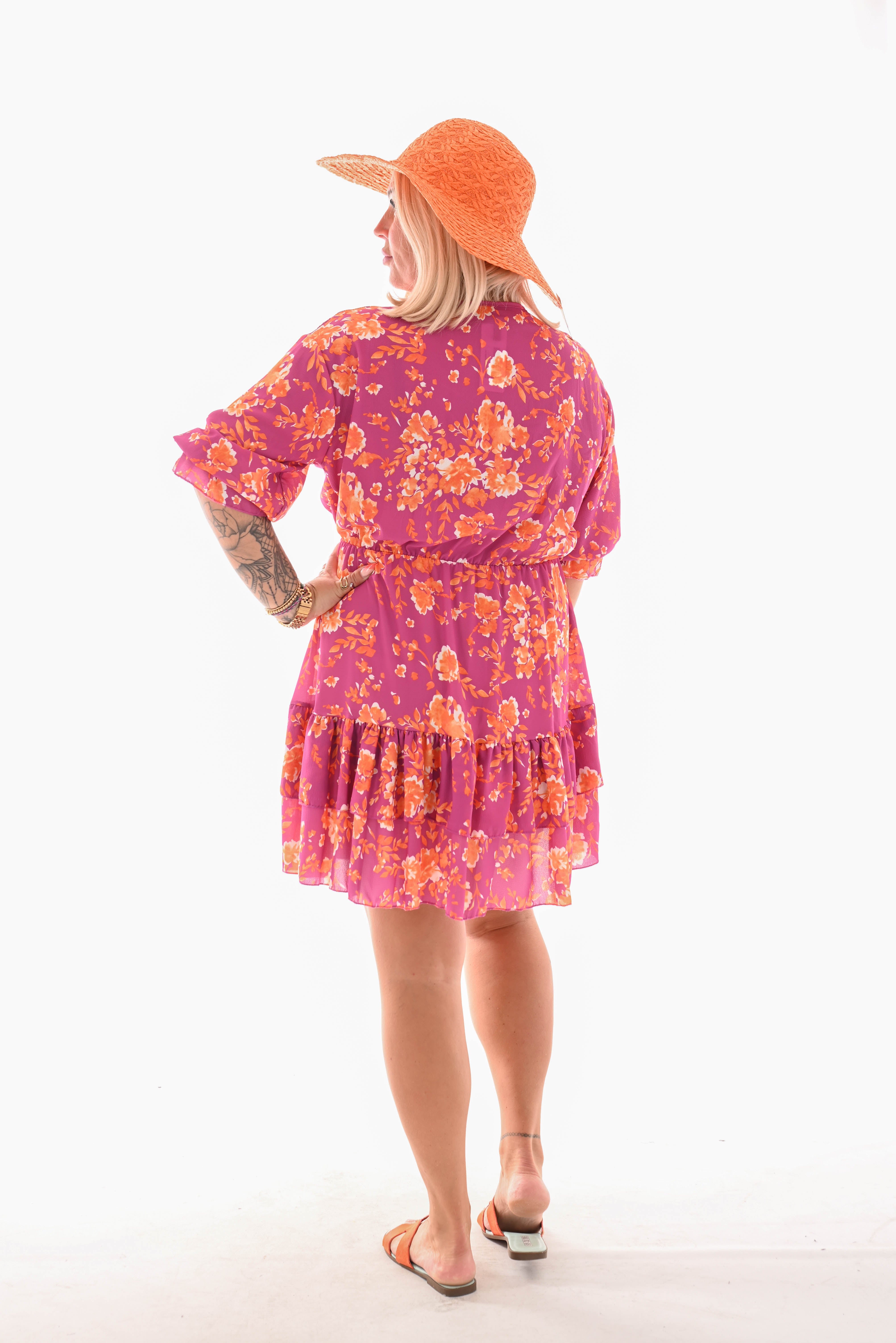 Korte jurk overslag roezels magenta/oranje