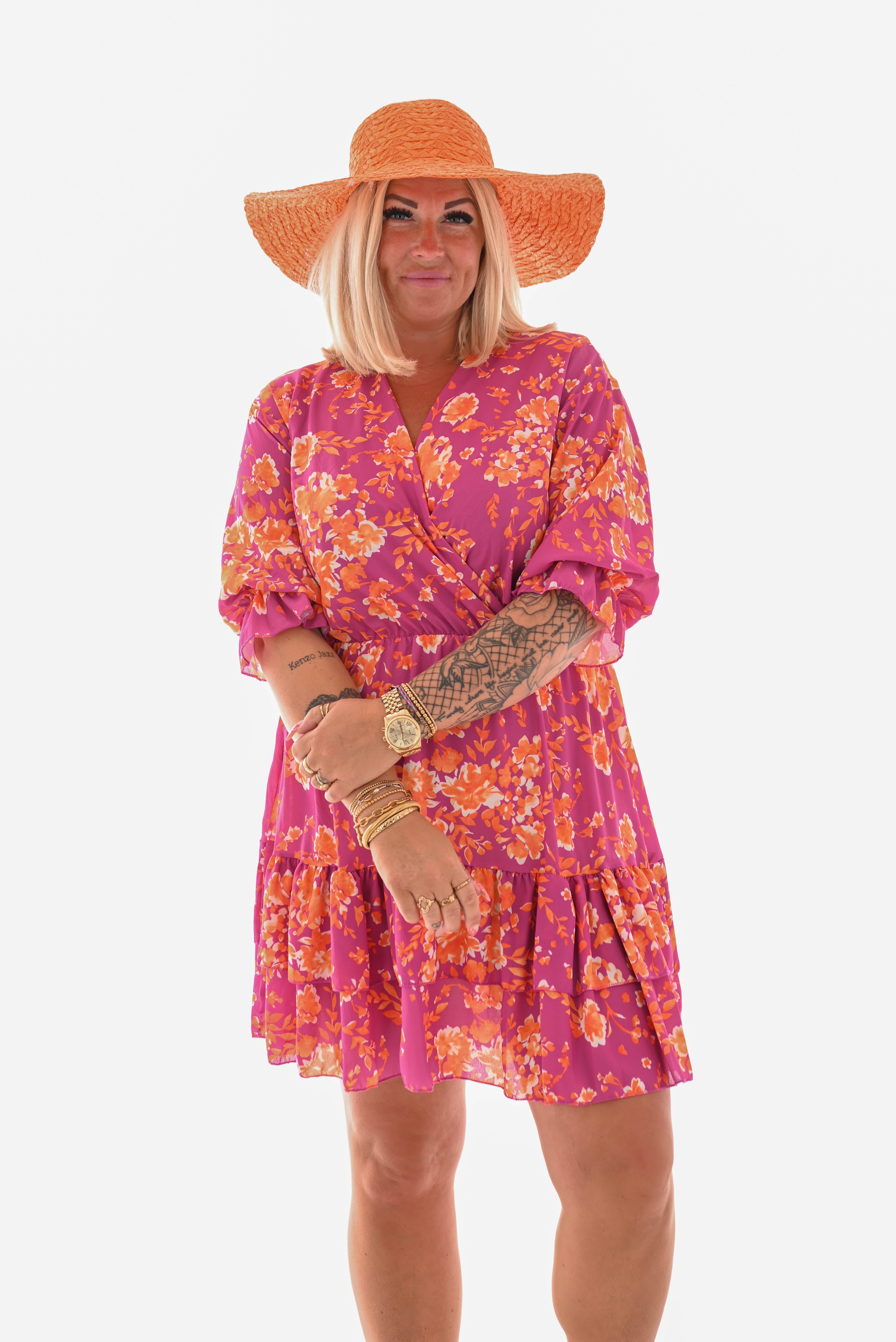 Korte jurk overslag roezels magenta/oranje