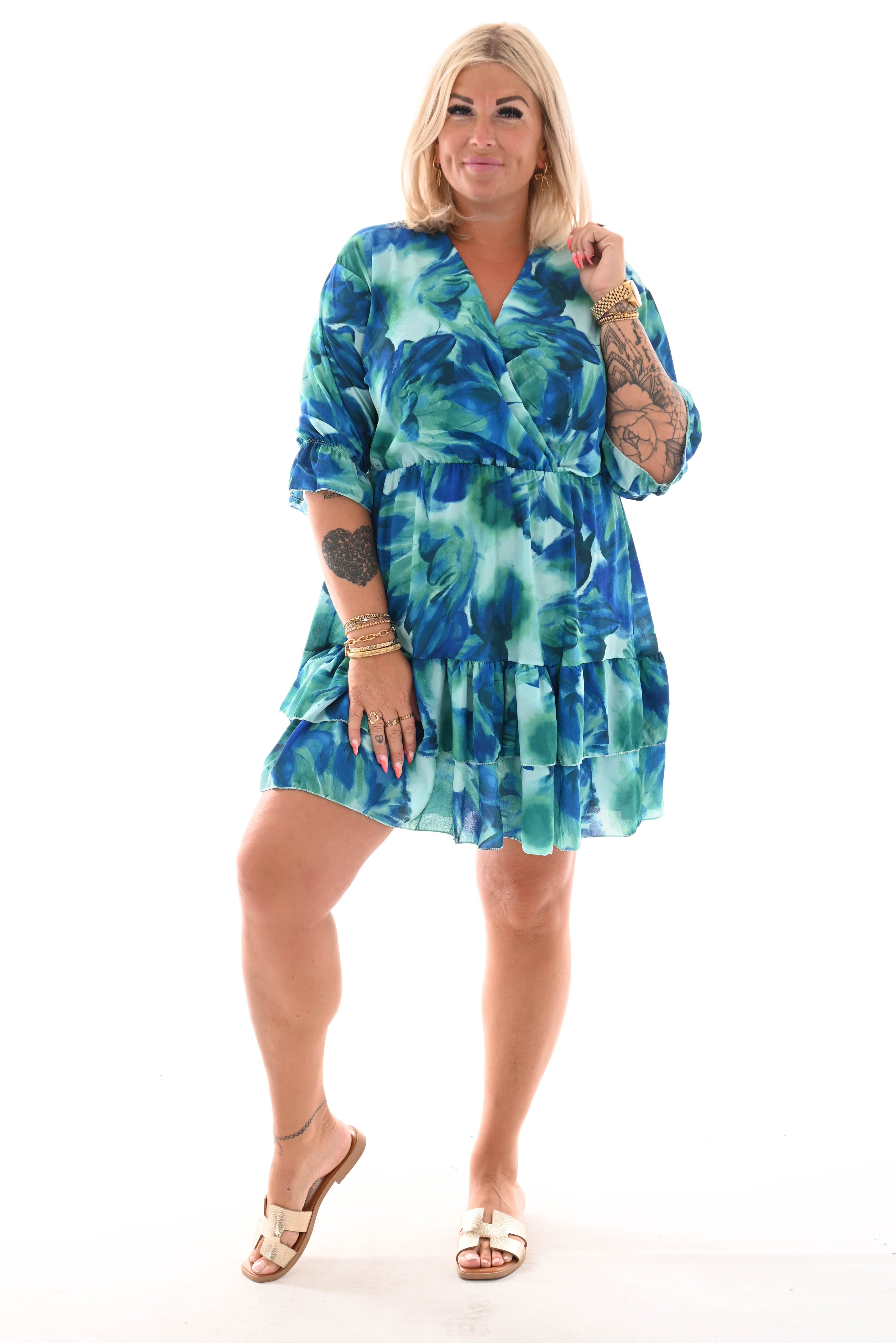 Korte jurk overslag roezels kobaltblauw/turquoise