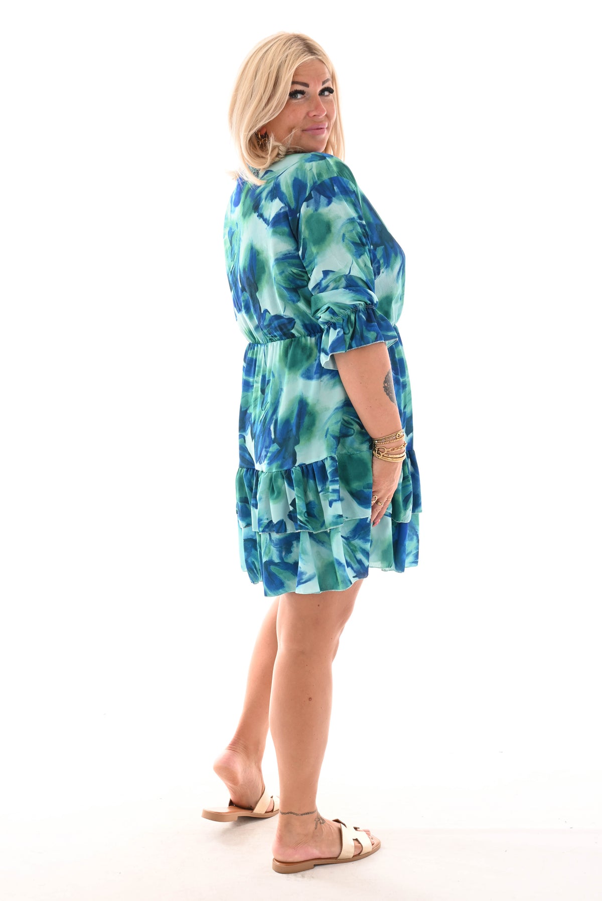 Korte jurk overslag roezels kobaltblauw/turquoise