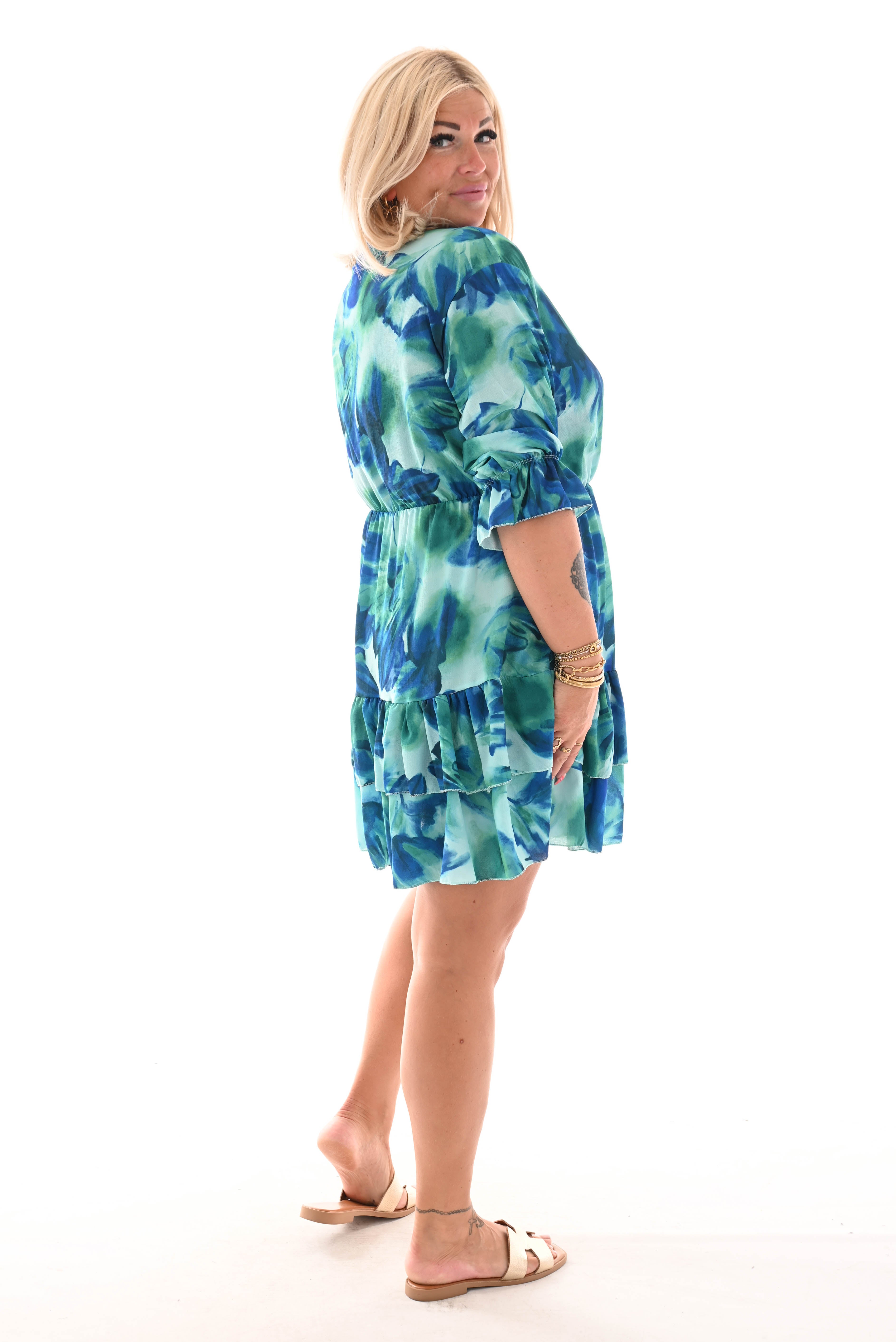 Korte jurk overslag roezels kobaltblauw/turquoise