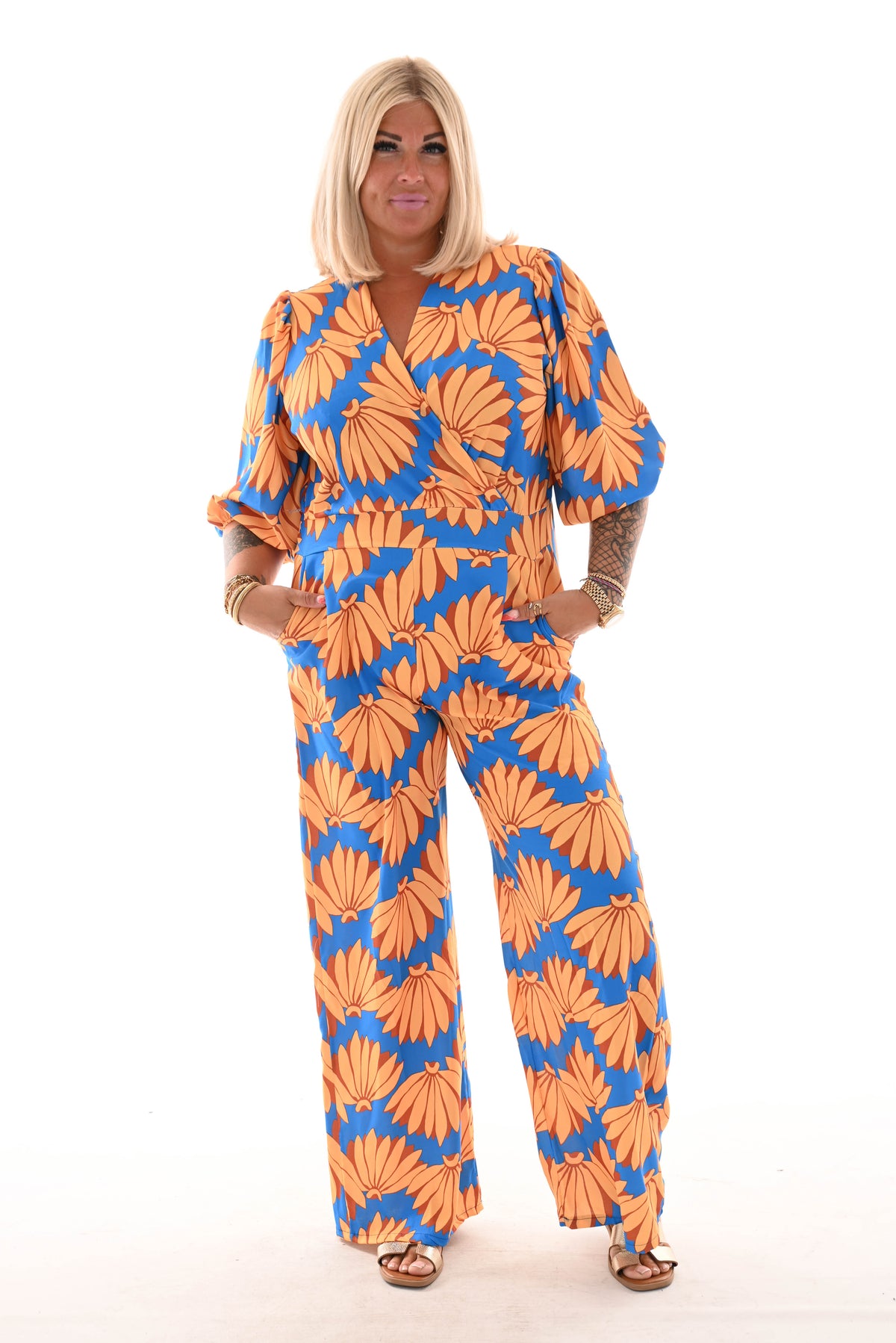 Jumpsuit overslag print bloemen kobaltblauw/geel