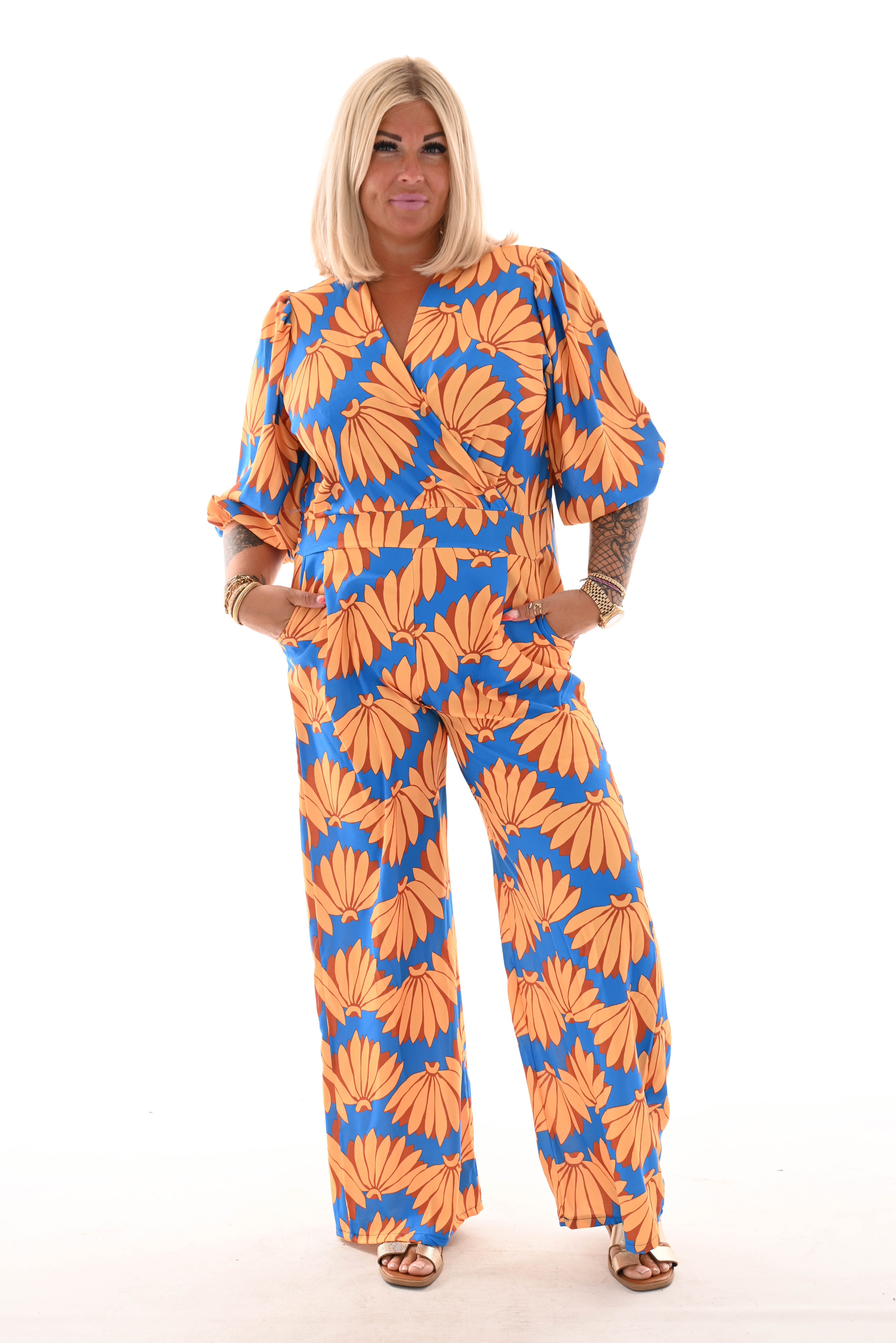 Jumpsuit overslag print bloemen kobaltblauw/geel