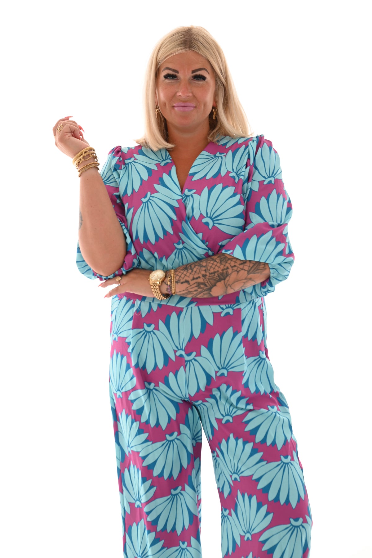 Jumpsuit overslag print bloemen magenta/blauw
