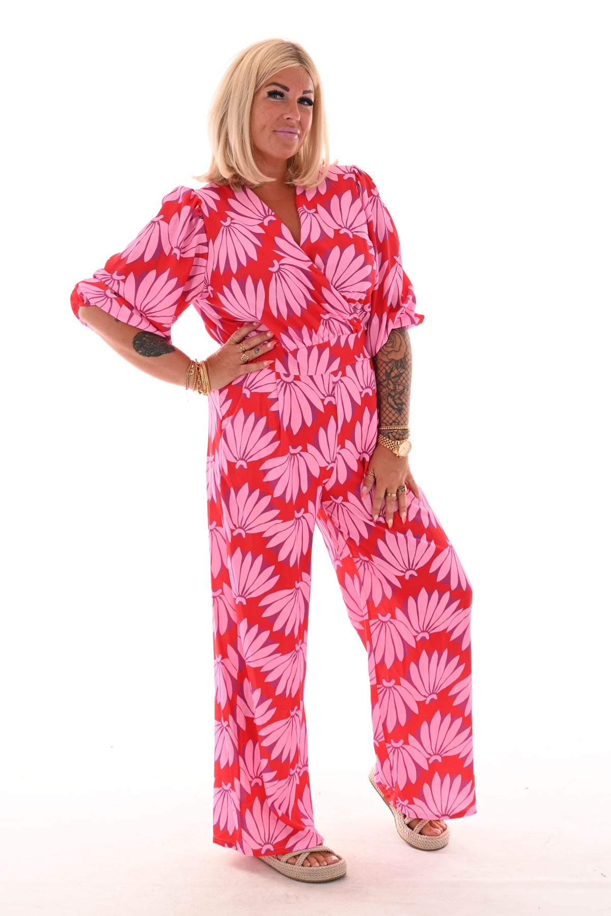 Jumpsuit overslag print bloemen rood/roze