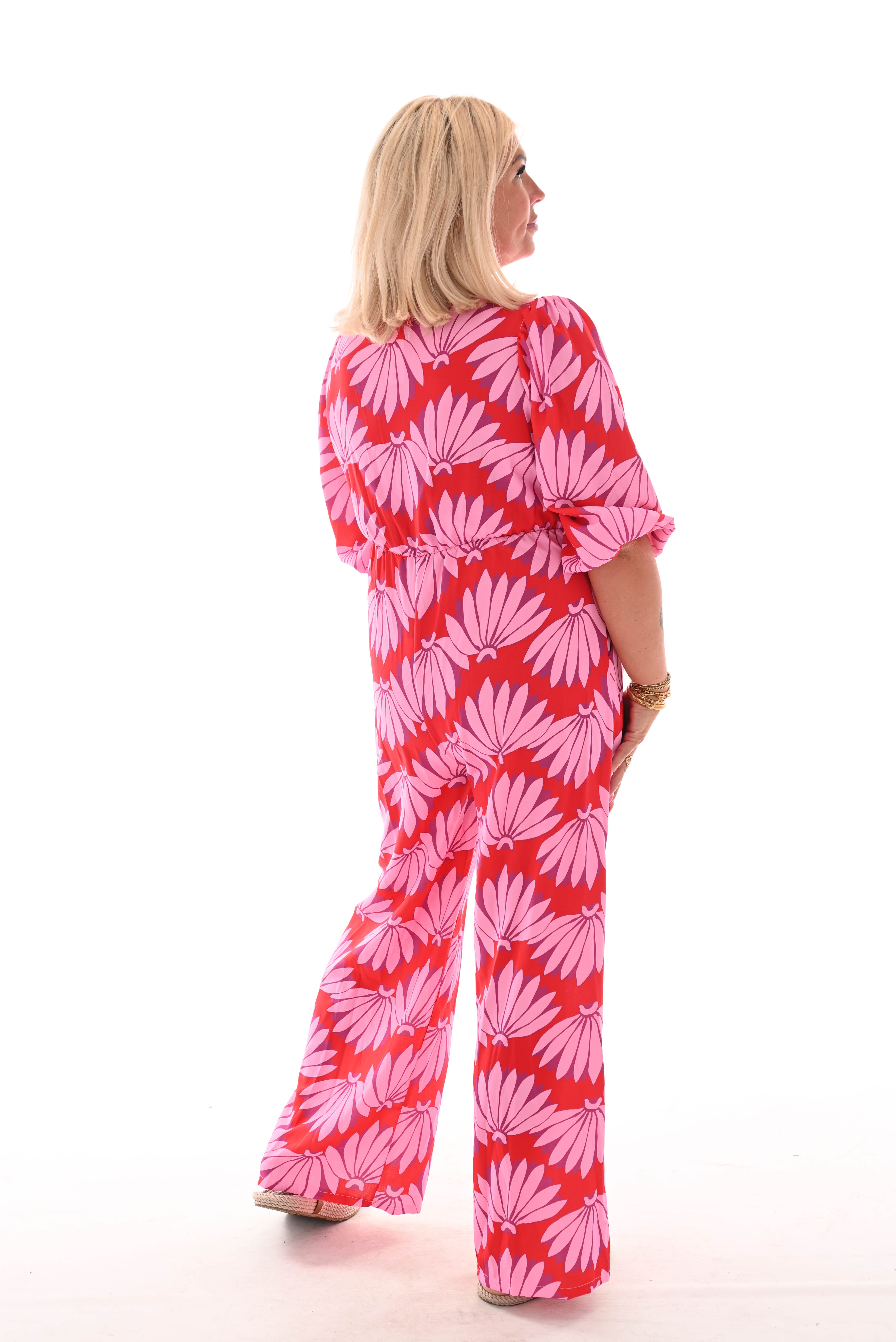 Jumpsuit overslag print bloemen rood/roze