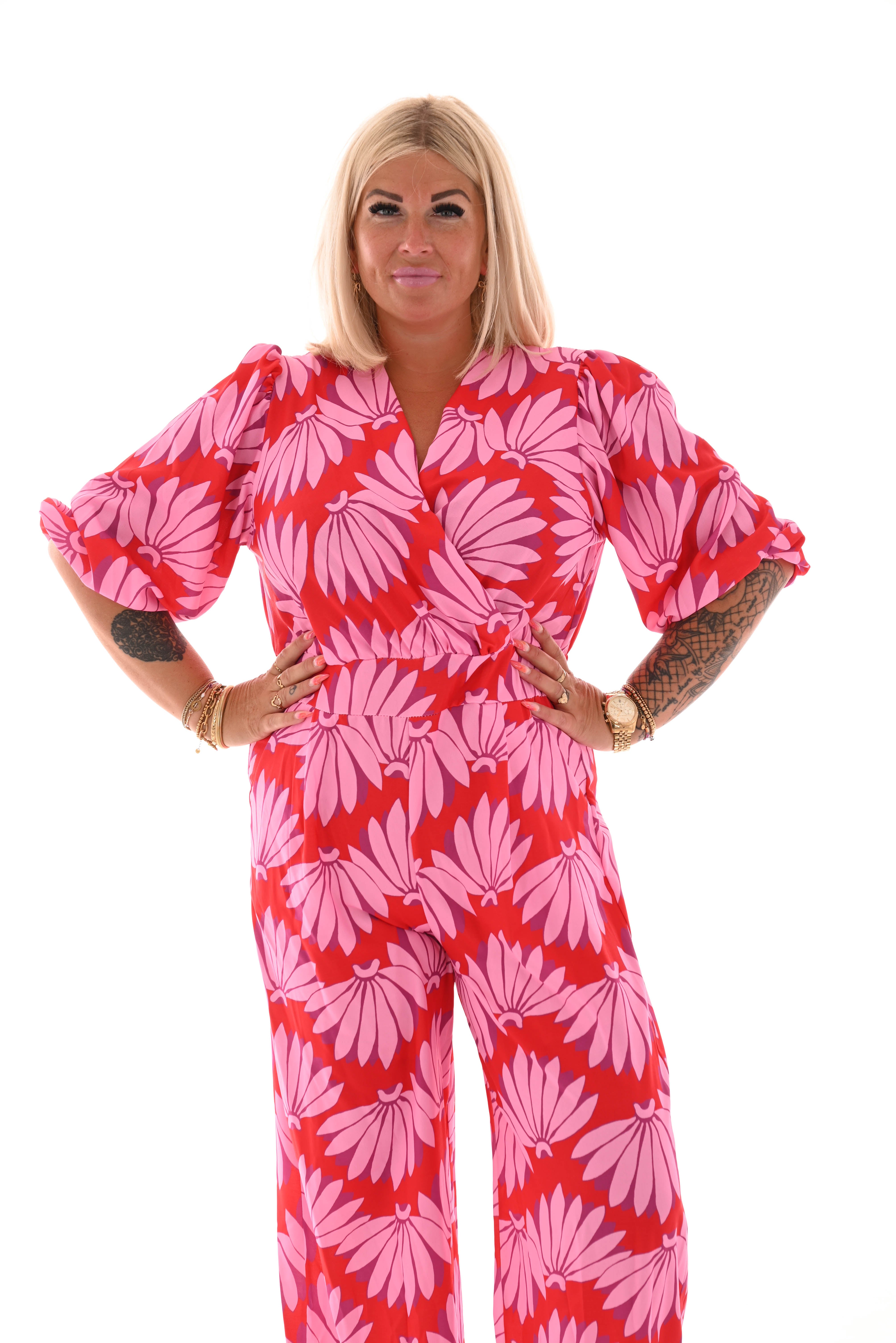 Jumpsuit overslag print bloemen rood/roze