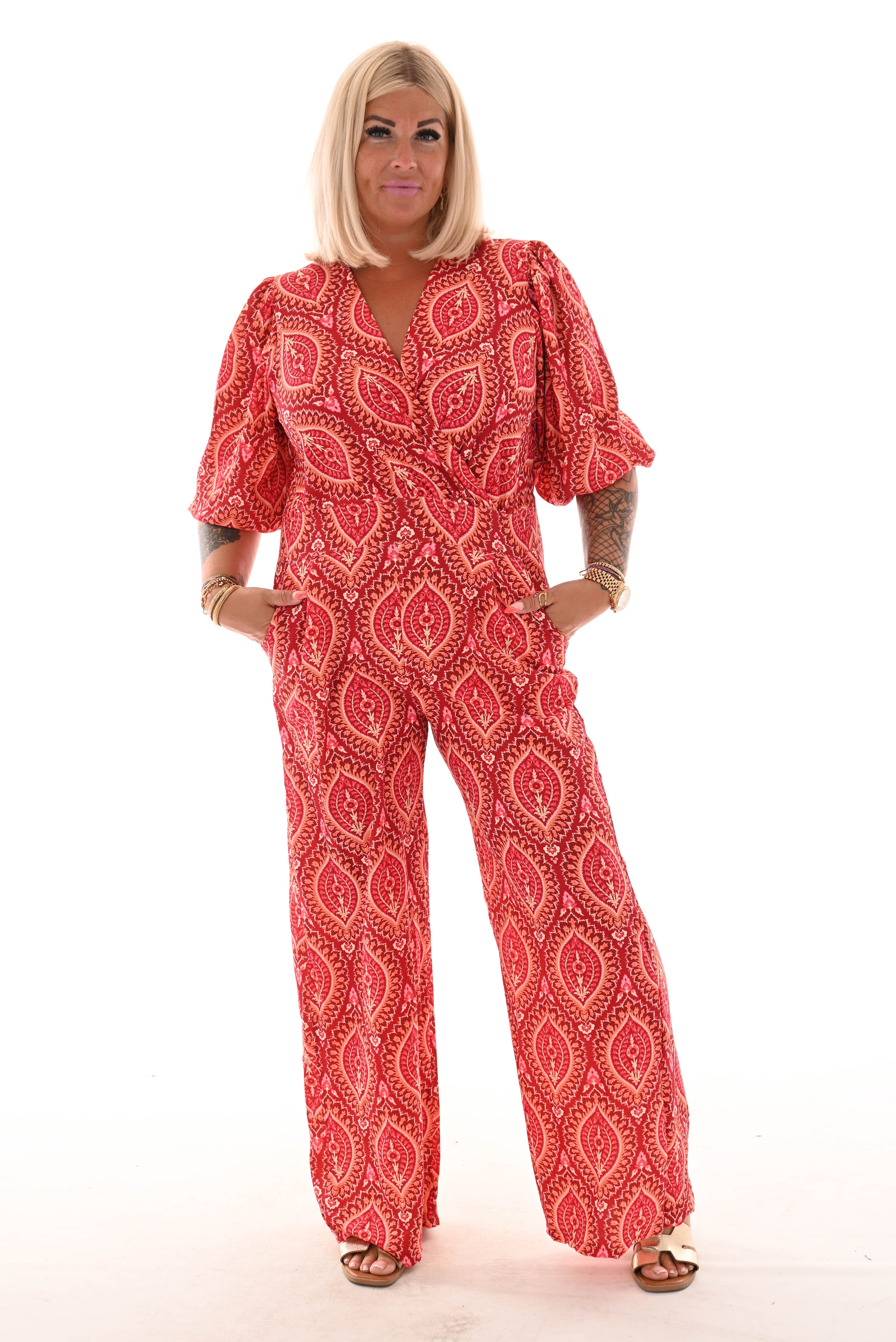 Jumpsuit overslag print paisley brick/oranje