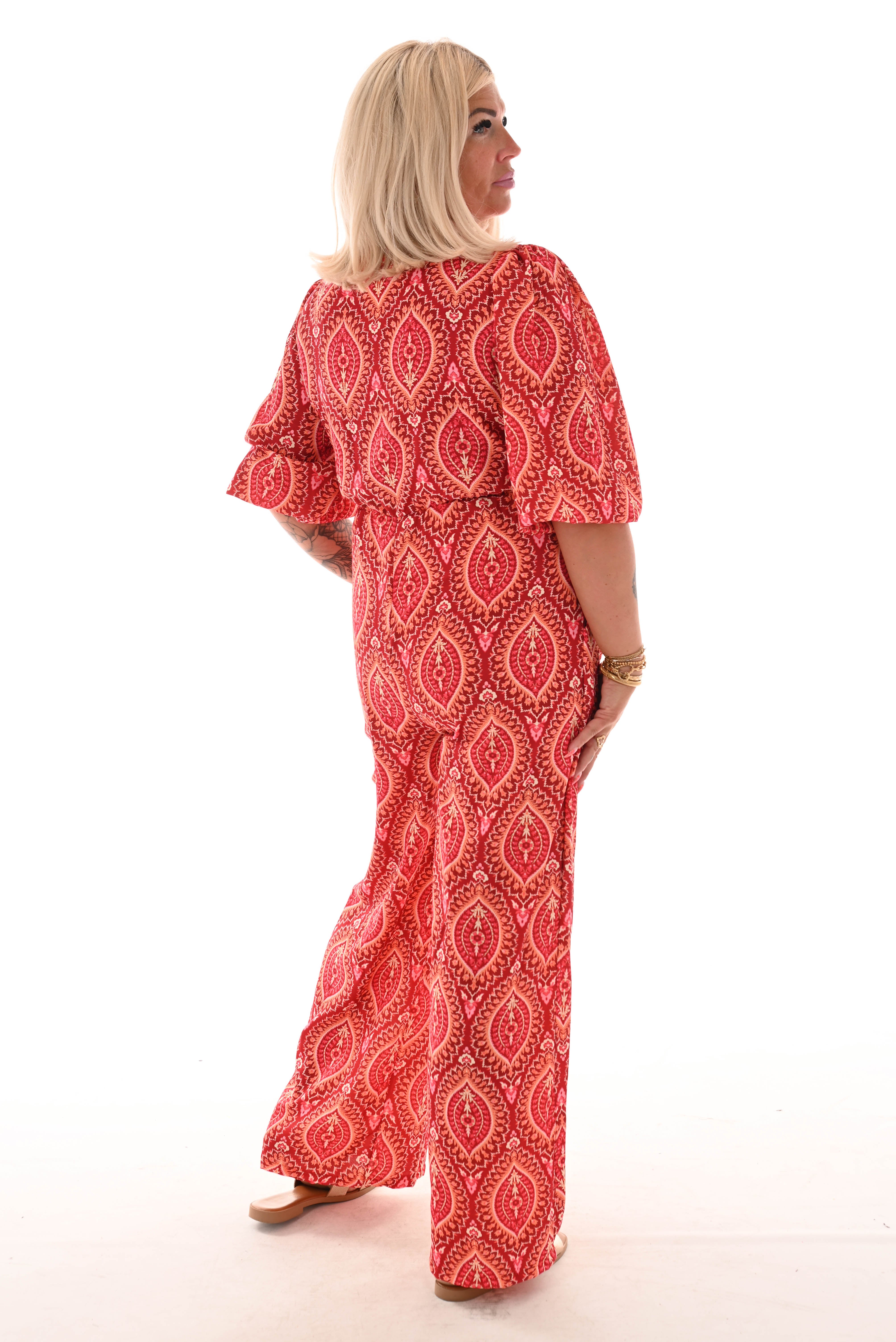 Jumpsuit overslag print paisley brick/oranje