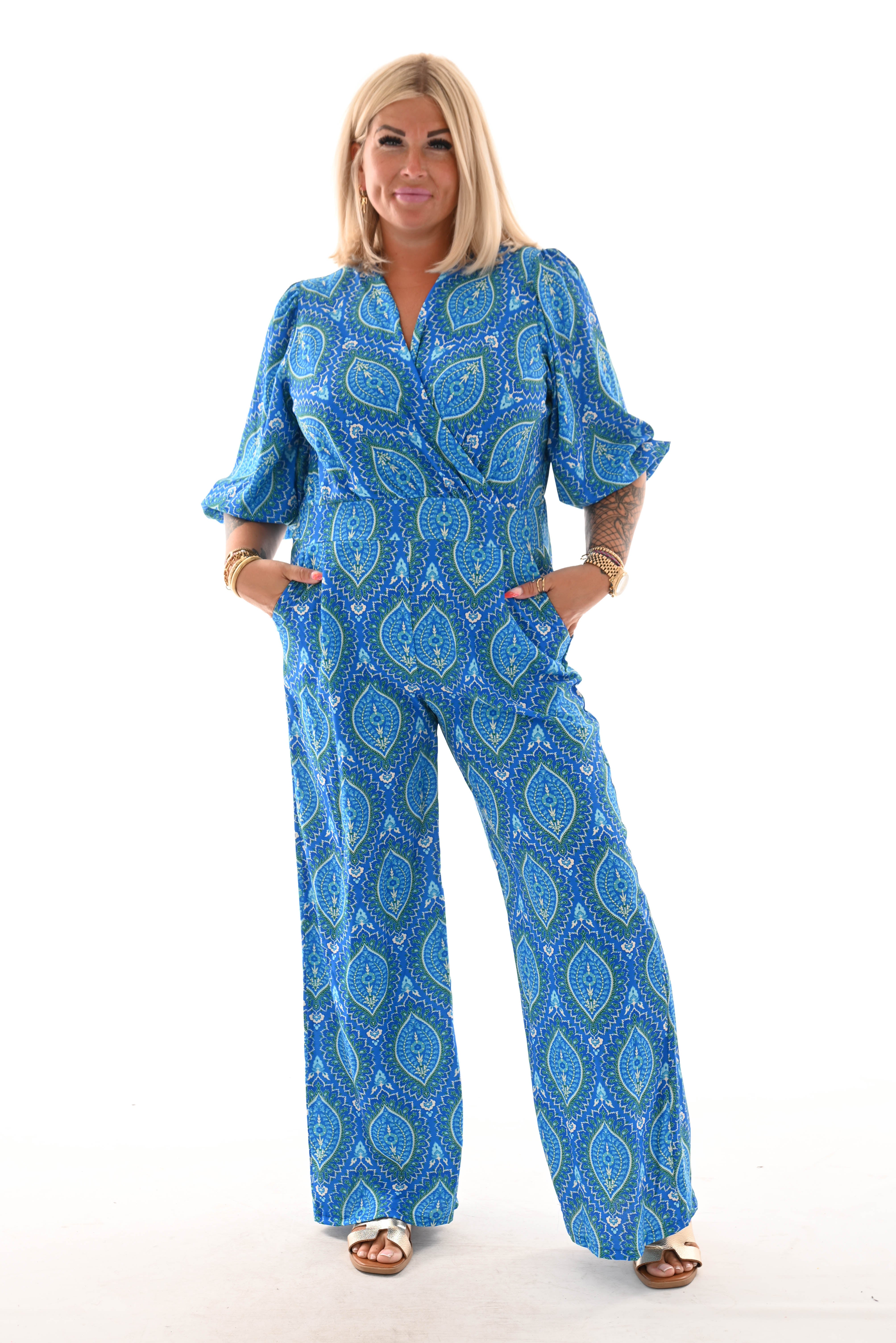 Jumpsuit overslag print paisley kobaltblauw