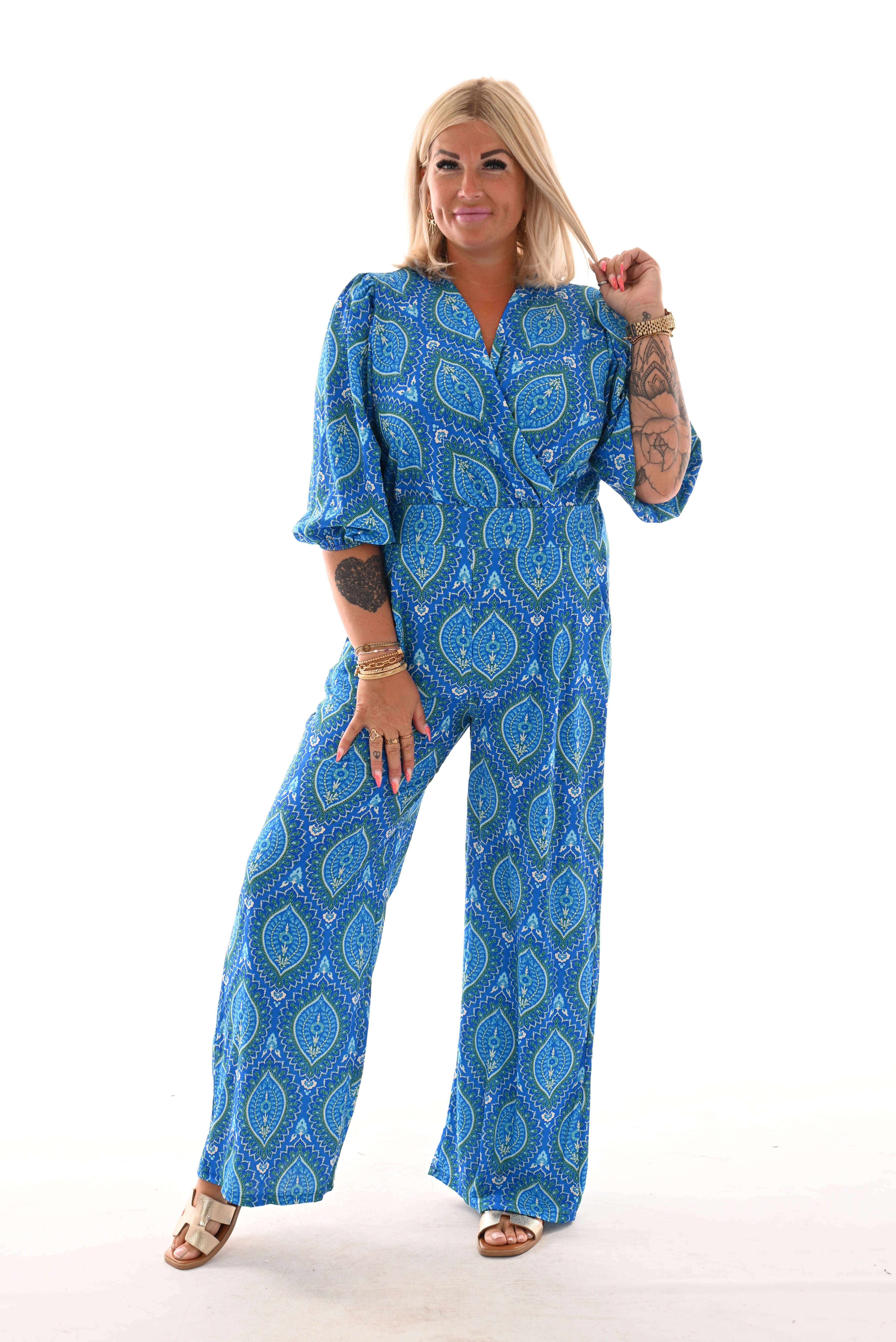 Jumpsuit overslag print paisley kobaltblauw