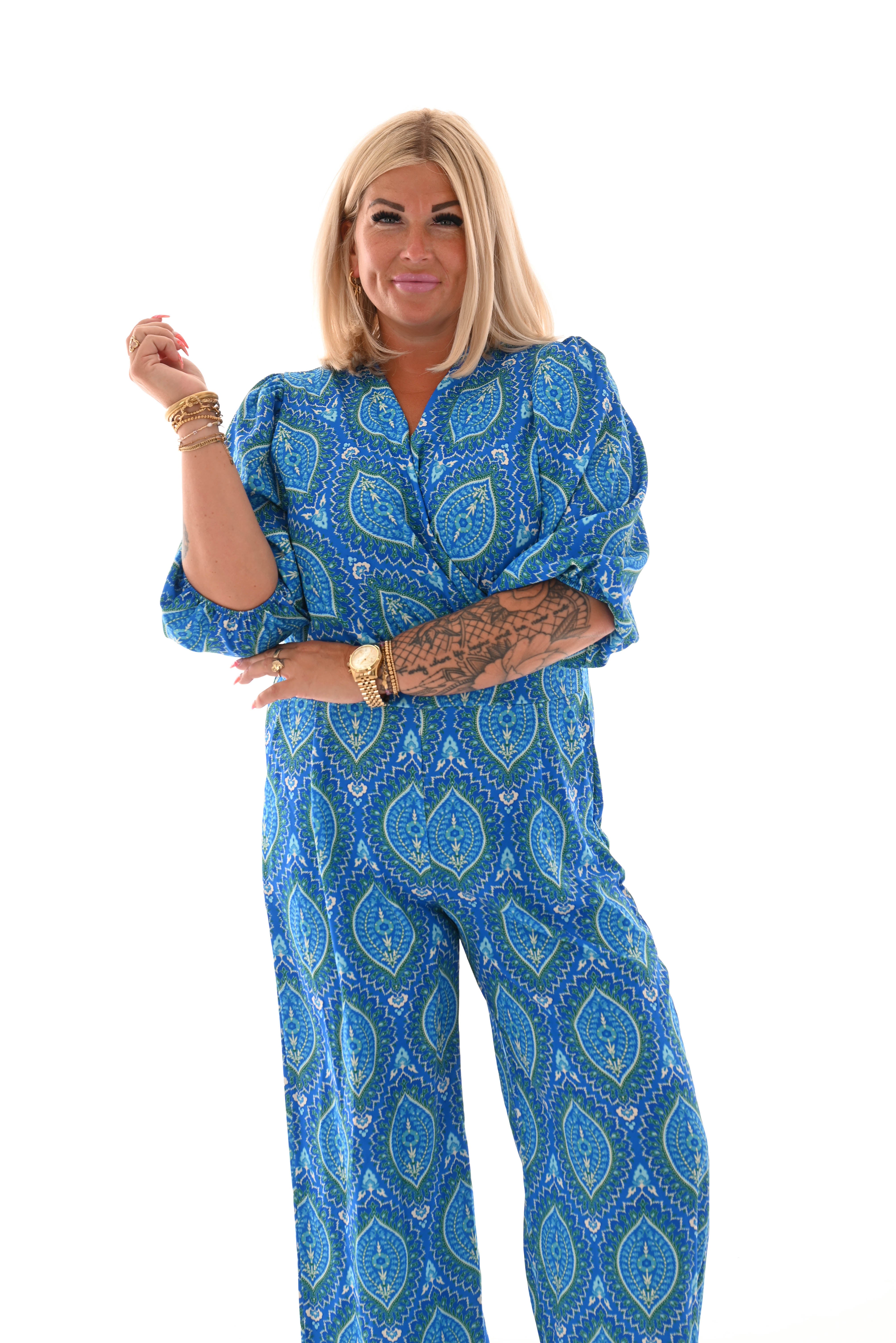 Jumpsuit overslag print paisley kobaltblauw