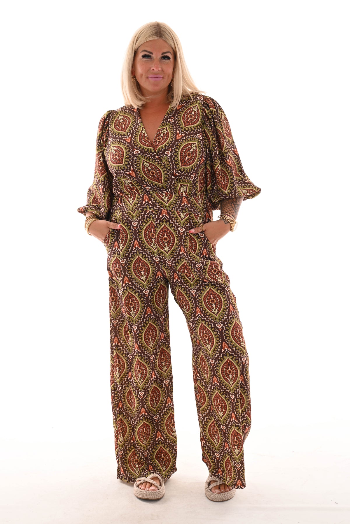 Jumpsuit overslag print paisley bruin/groen