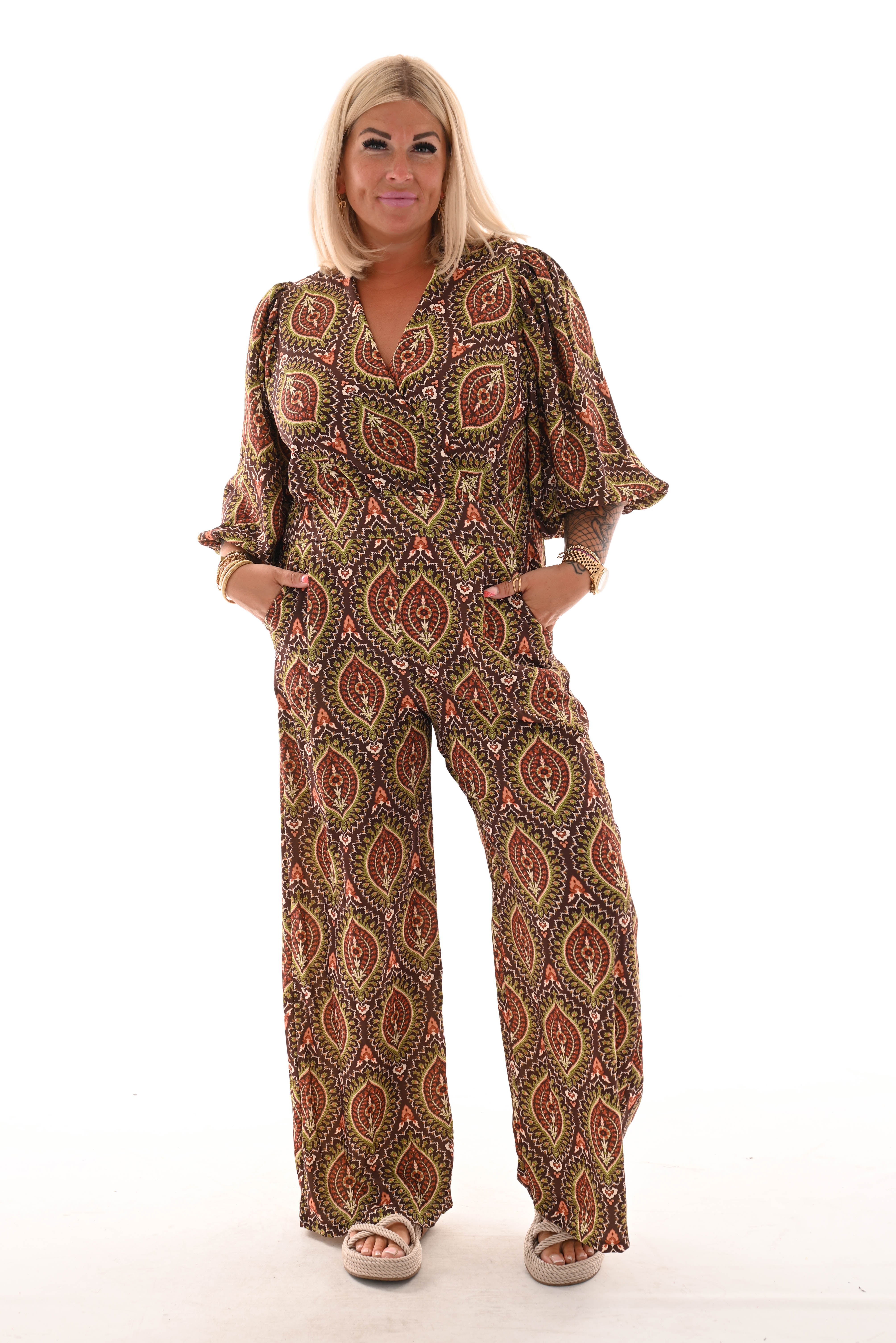 Jumpsuit overslag print paisley bruin/groen