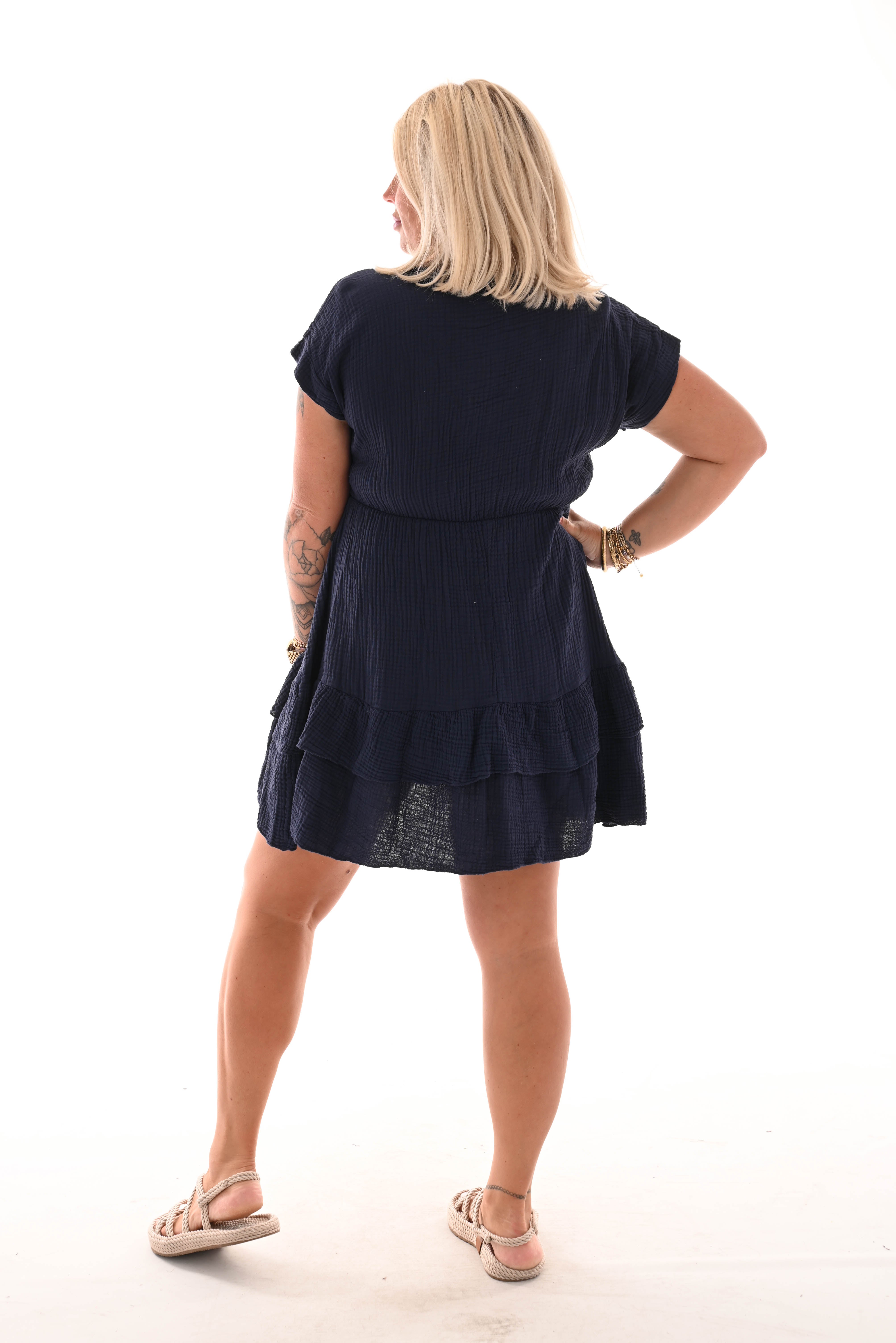 Korte jurk wafel v-hals roezel marineblauw