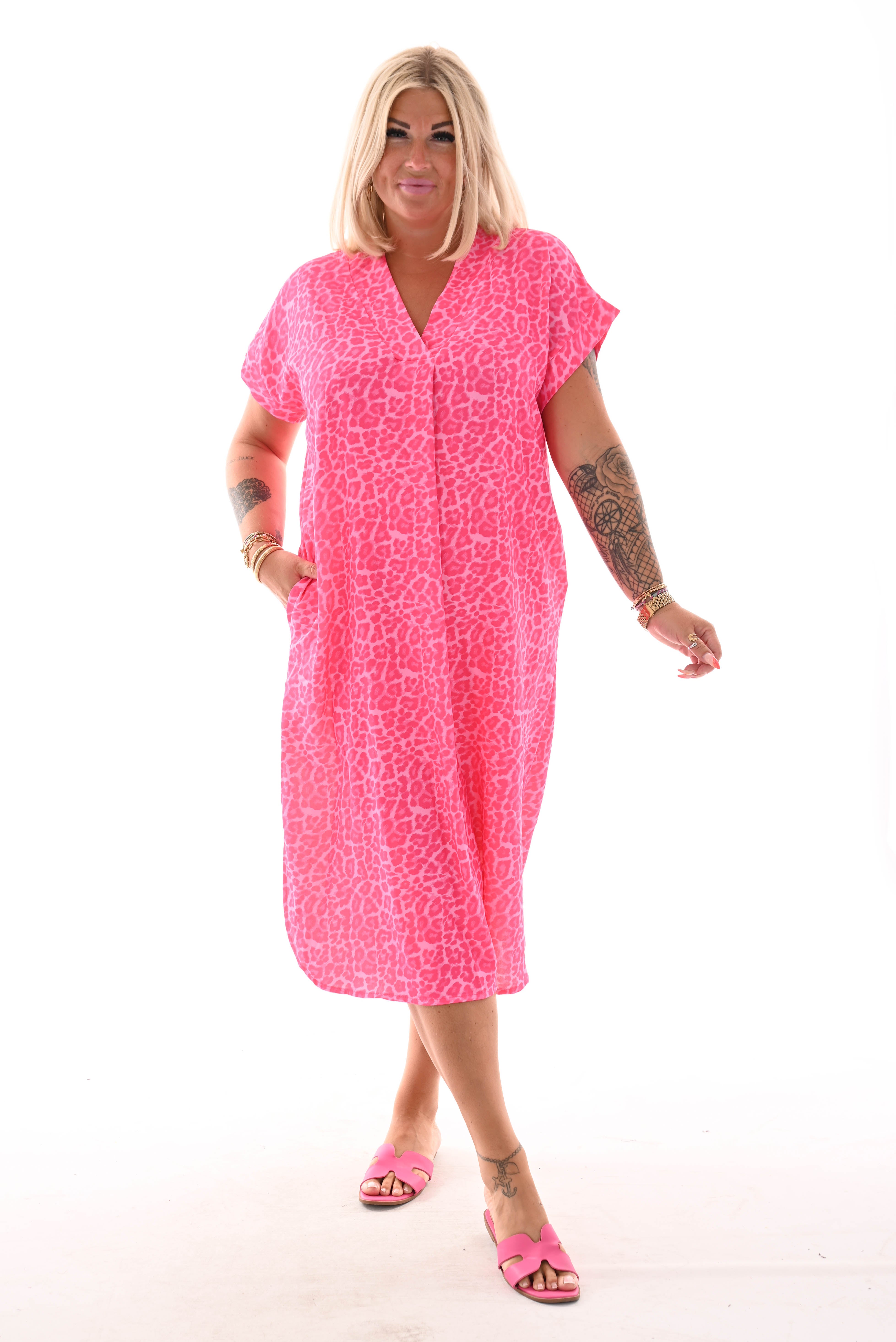 Tuniek v-hals panterprint felroze
