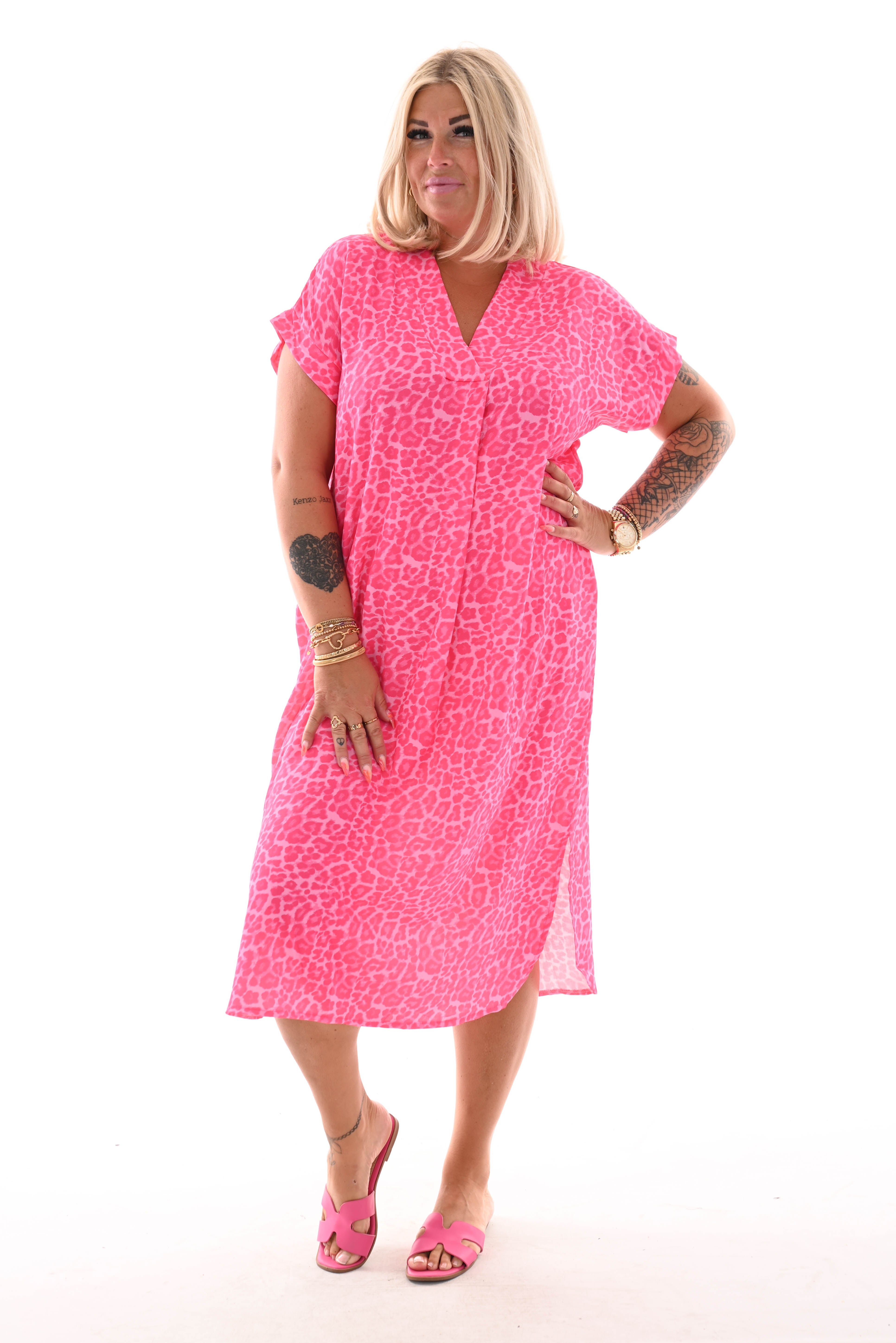 Tuniek v-hals panterprint felroze