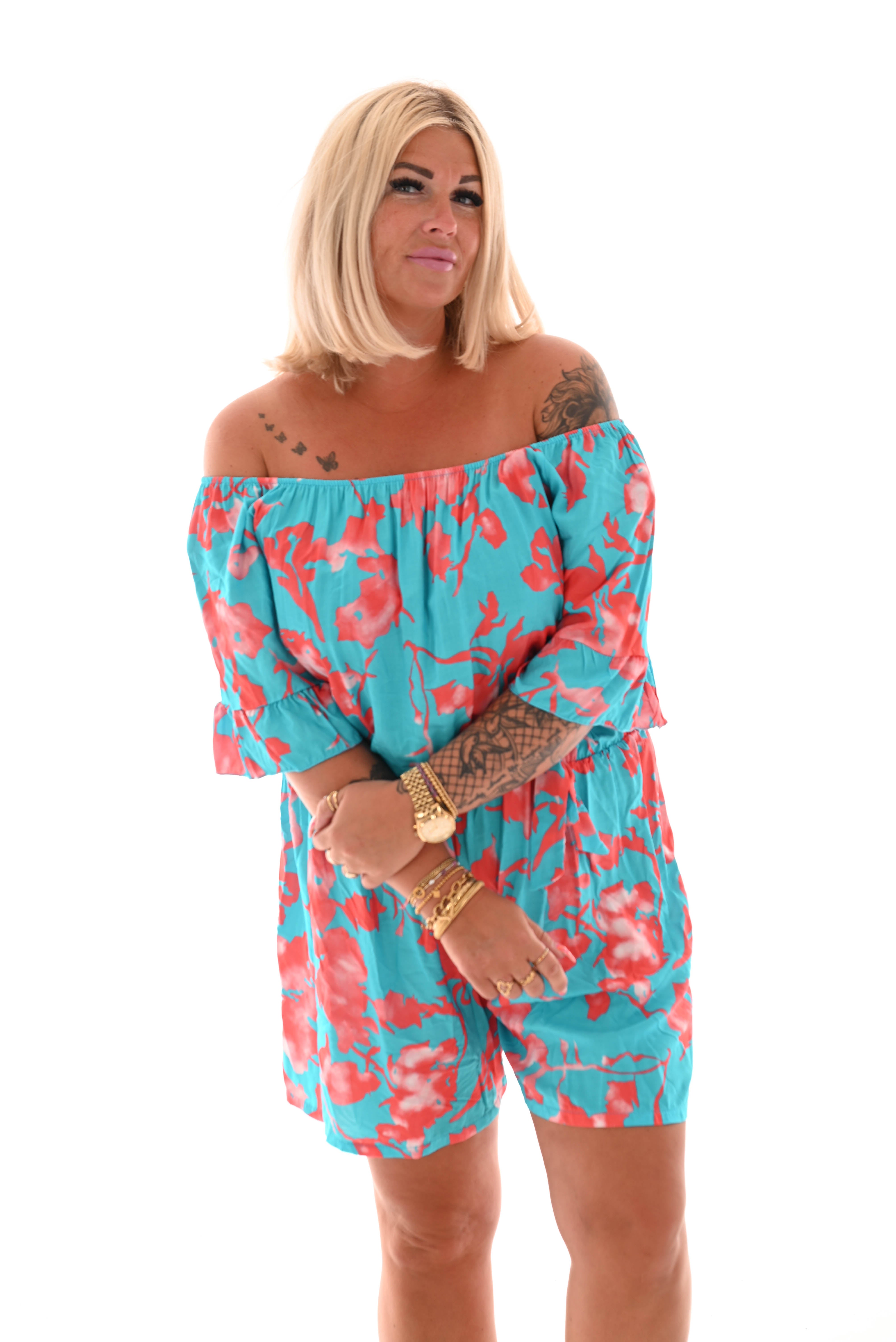 Playsuit off-shoulder grote bloem blauw/zalm