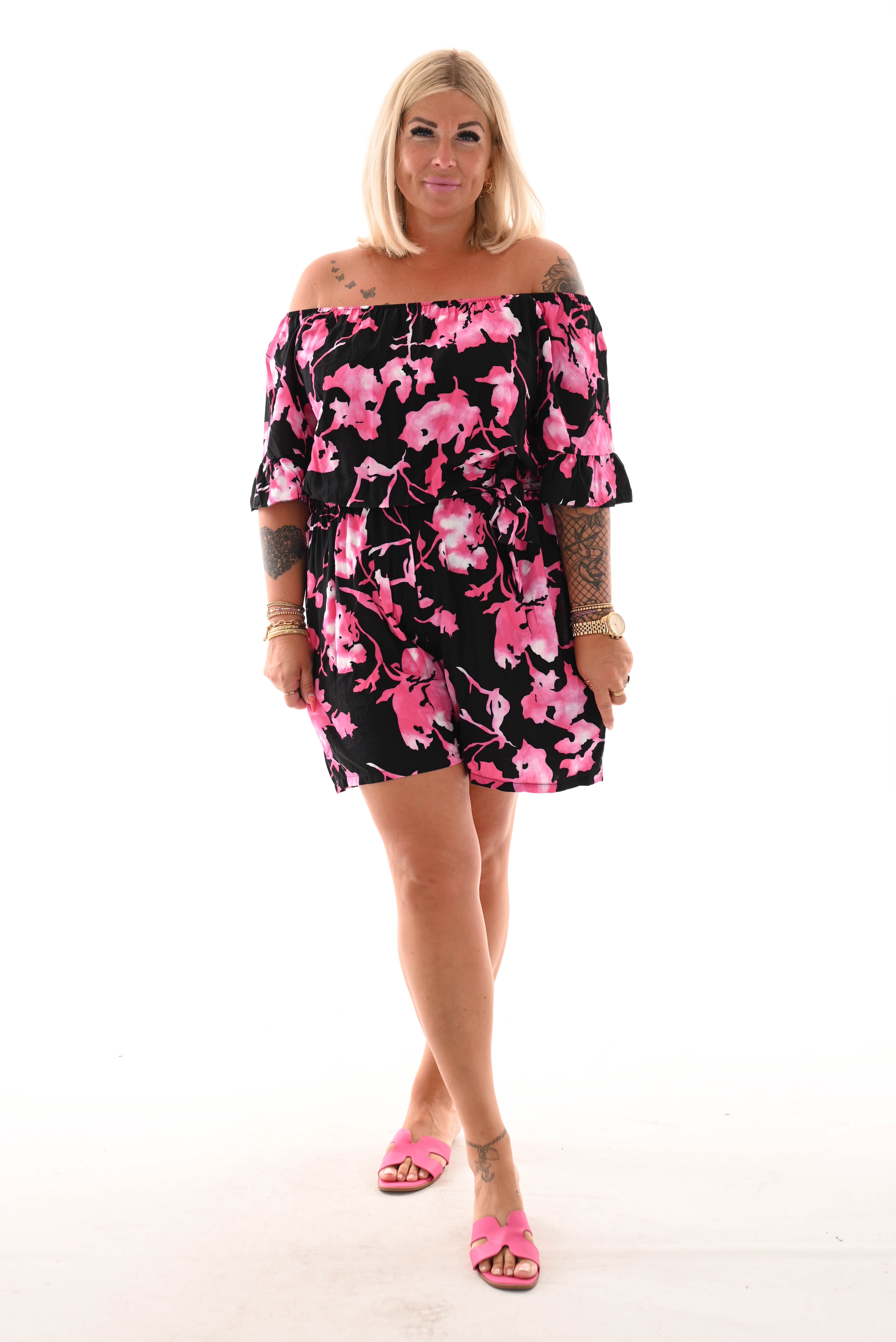 Playsuit off-shoulder grote bloem zwart/roze