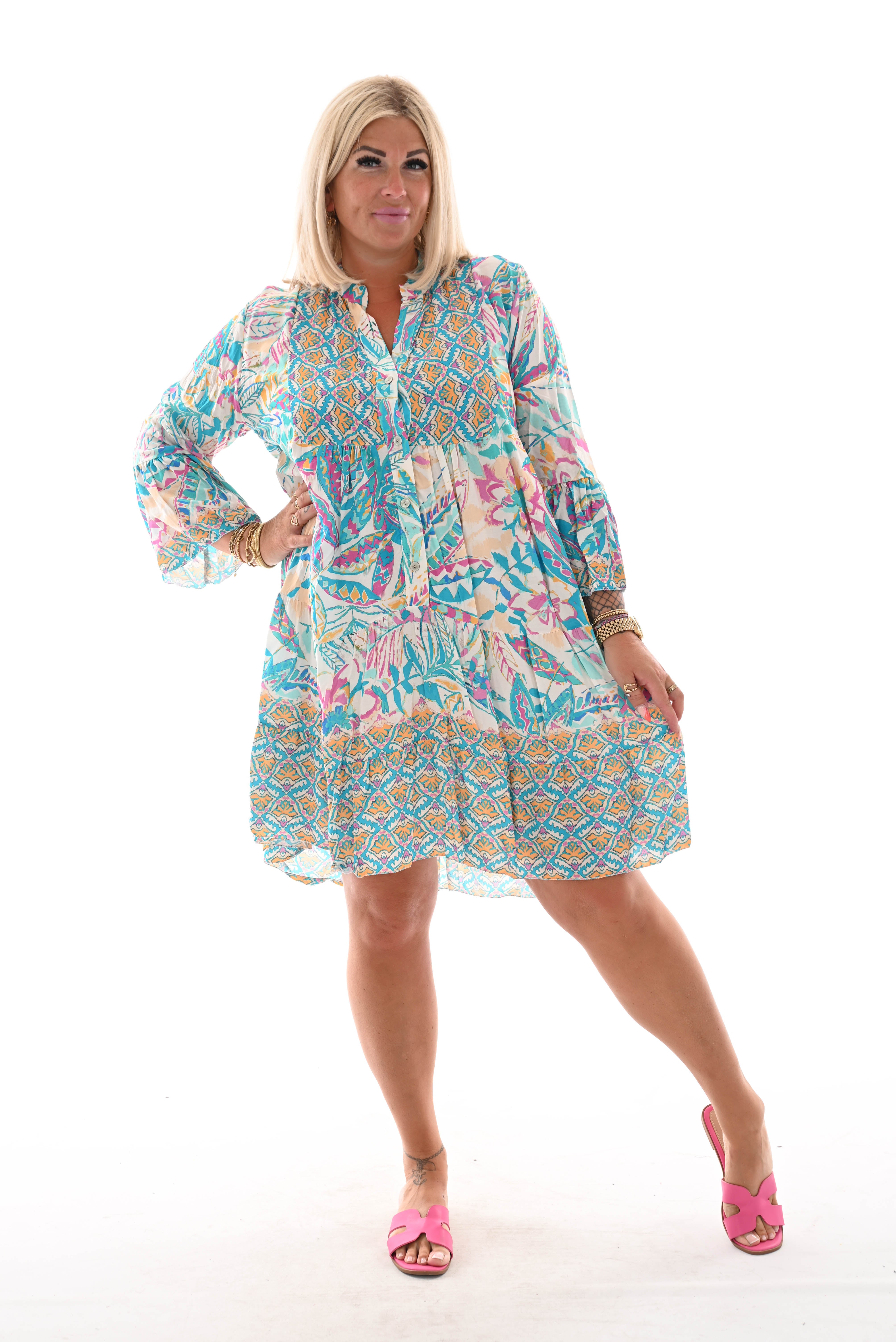 Tuniek 3/4e mouwen bladeren print blauw