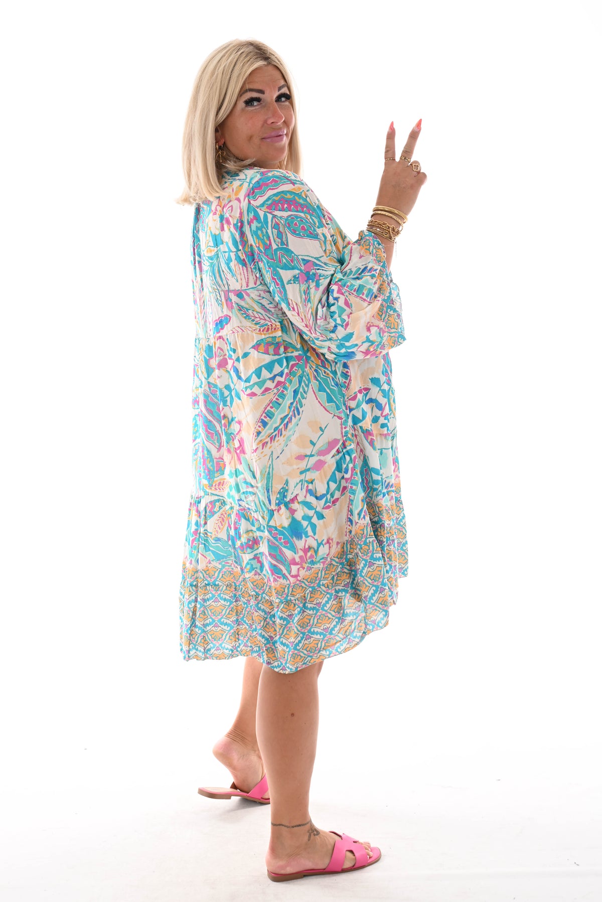 Tuniek 3/4e mouwen bladeren print blauw