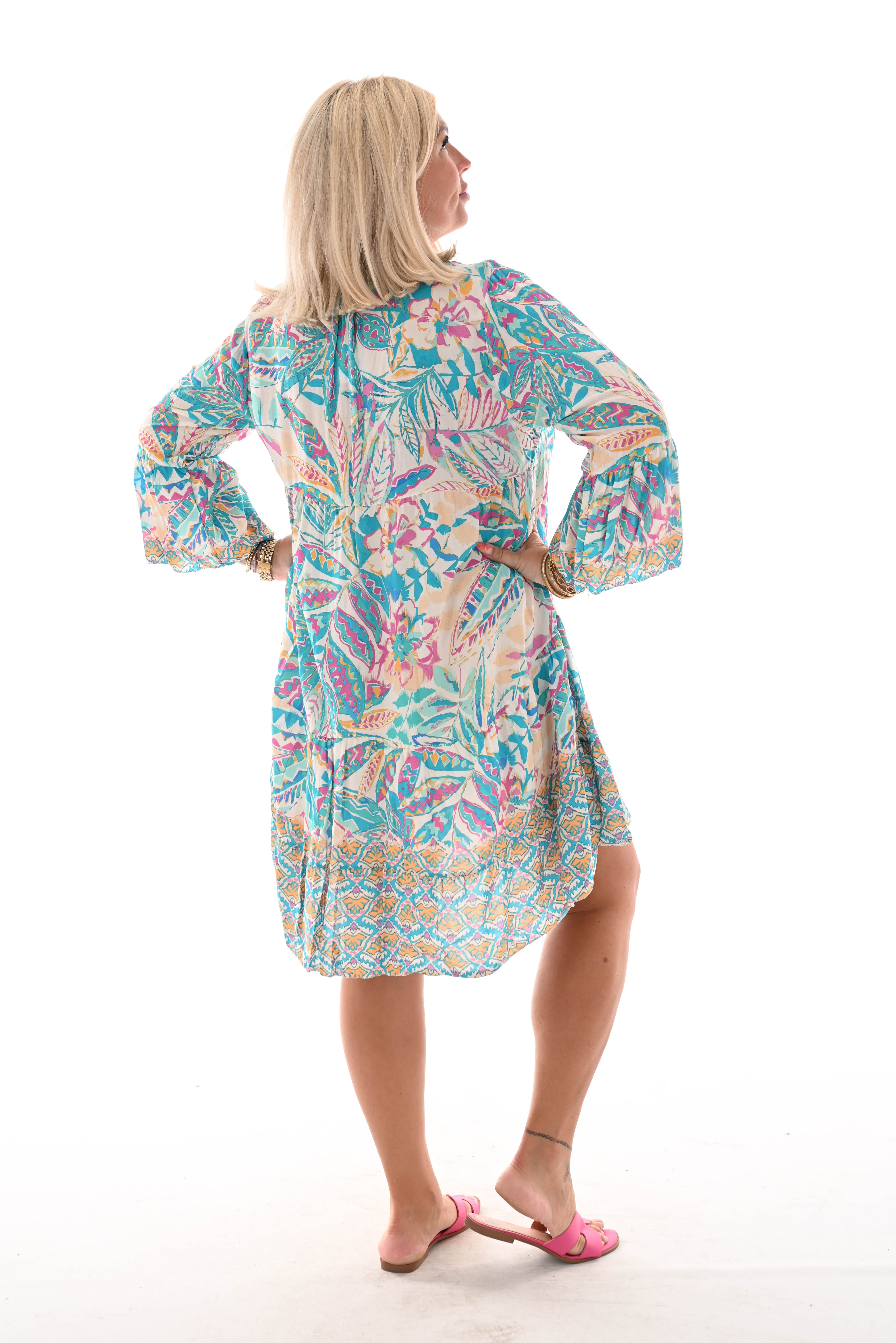 Tuniek 3/4e mouwen bladeren print blauw